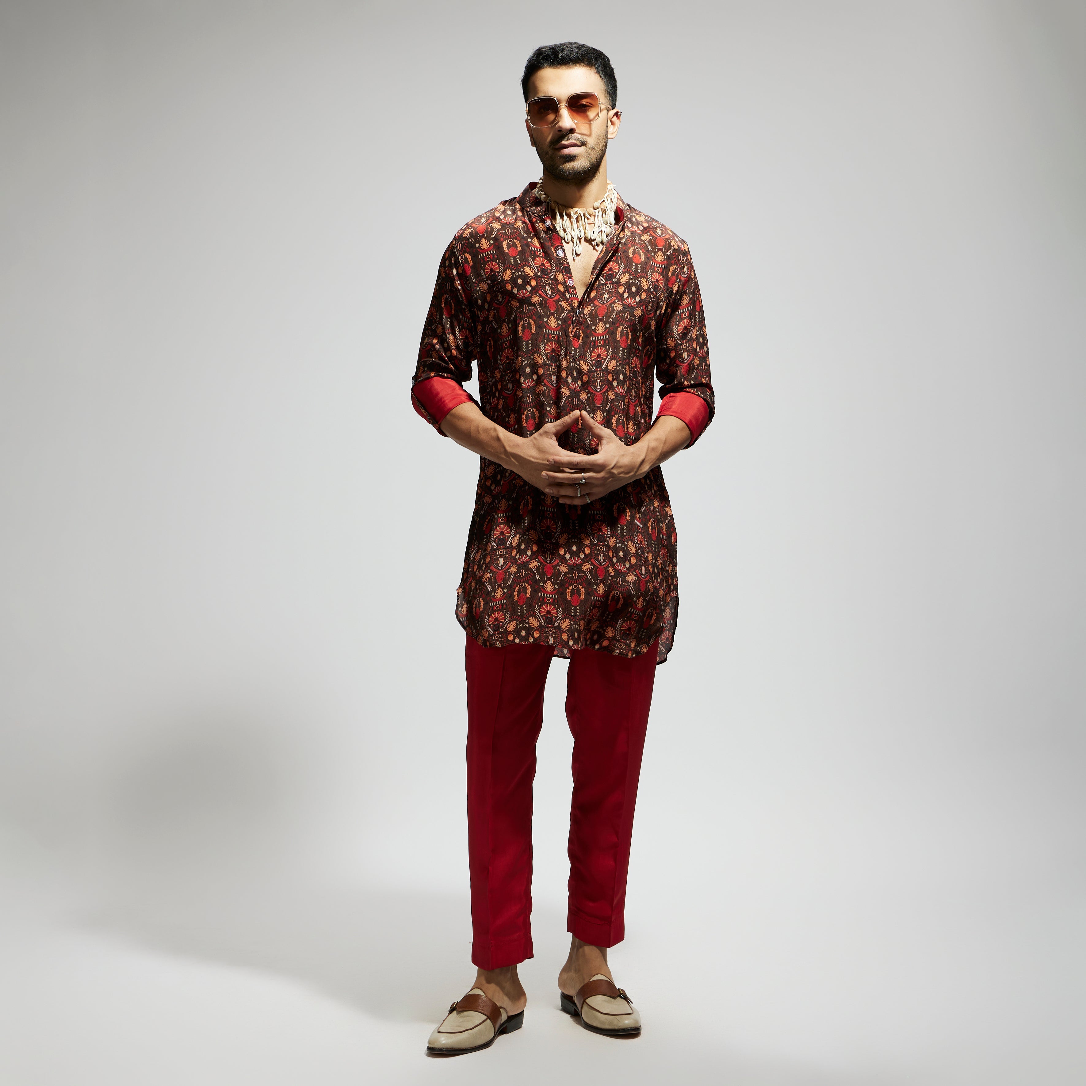 GREY JAAL PRINT ROLLED UP SLEEVES KURTA