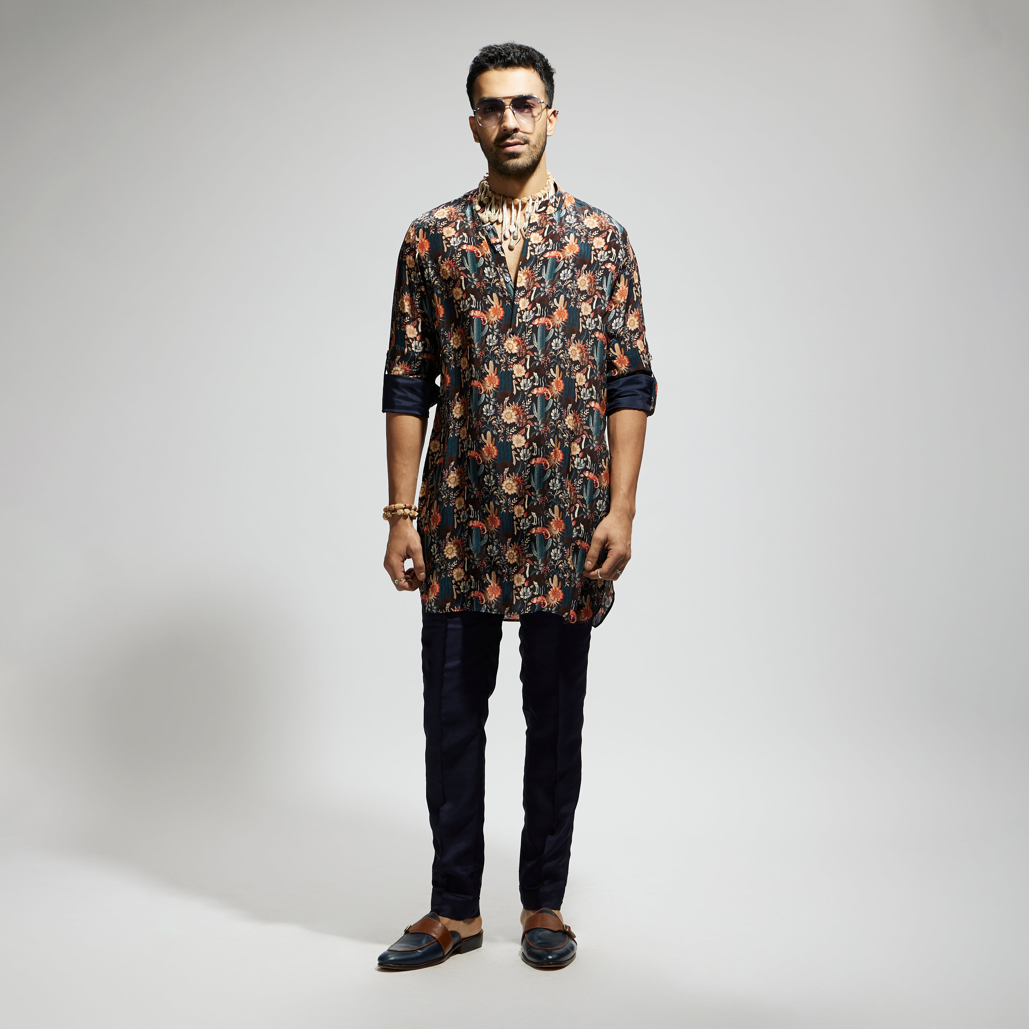 BLUE JAAL ROLLED UP SLEEVES KURTA