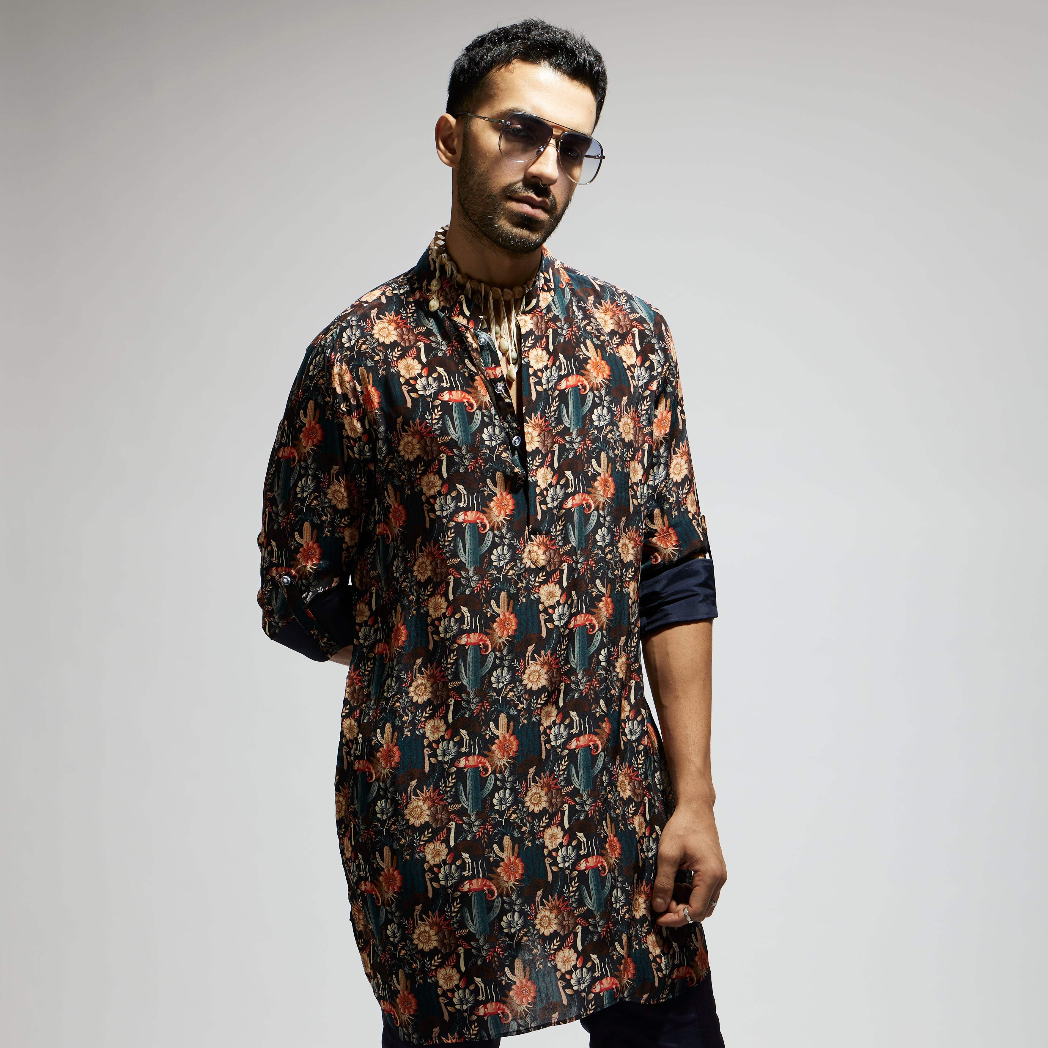 BLUE JAAL ROLLED UP SLEEVES KURTA