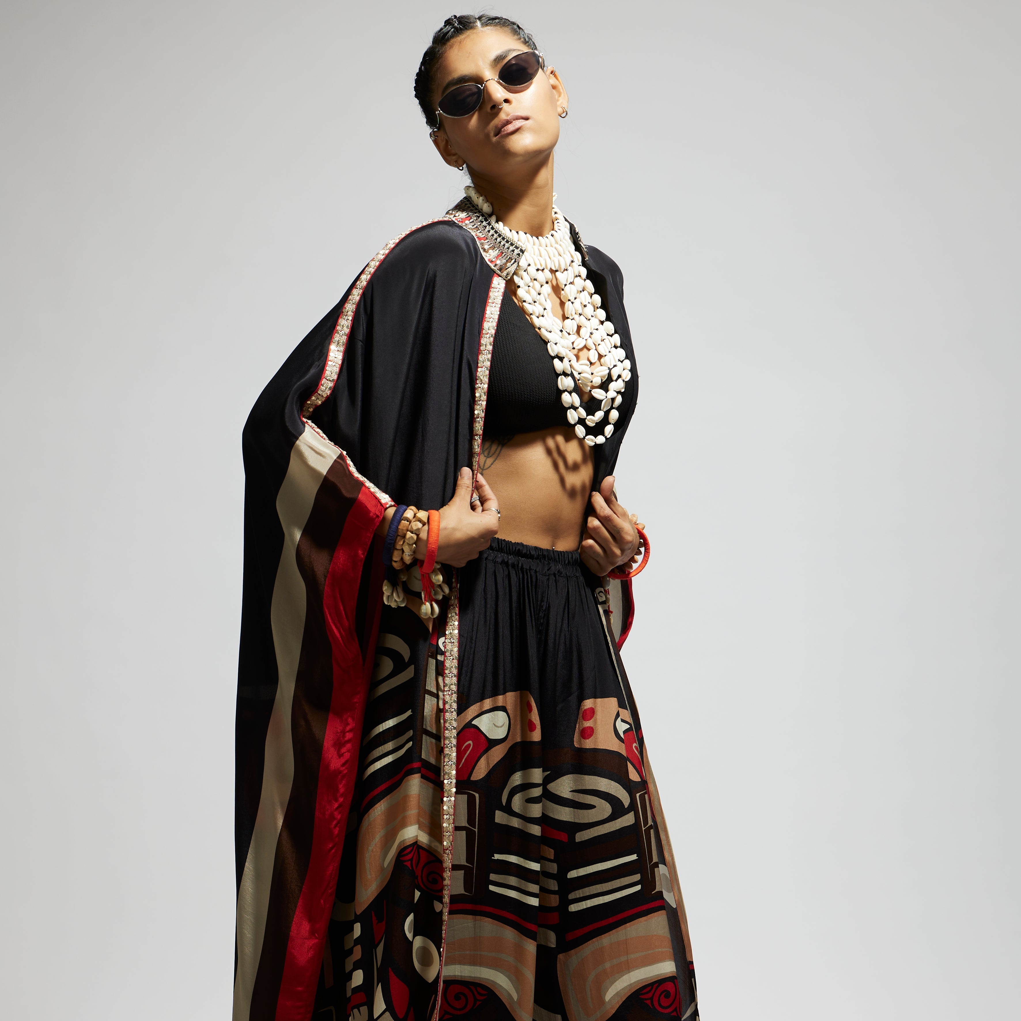 BLACK MASK FRONT OPEN KAFTAN WITH MASK PRINTED PANTS