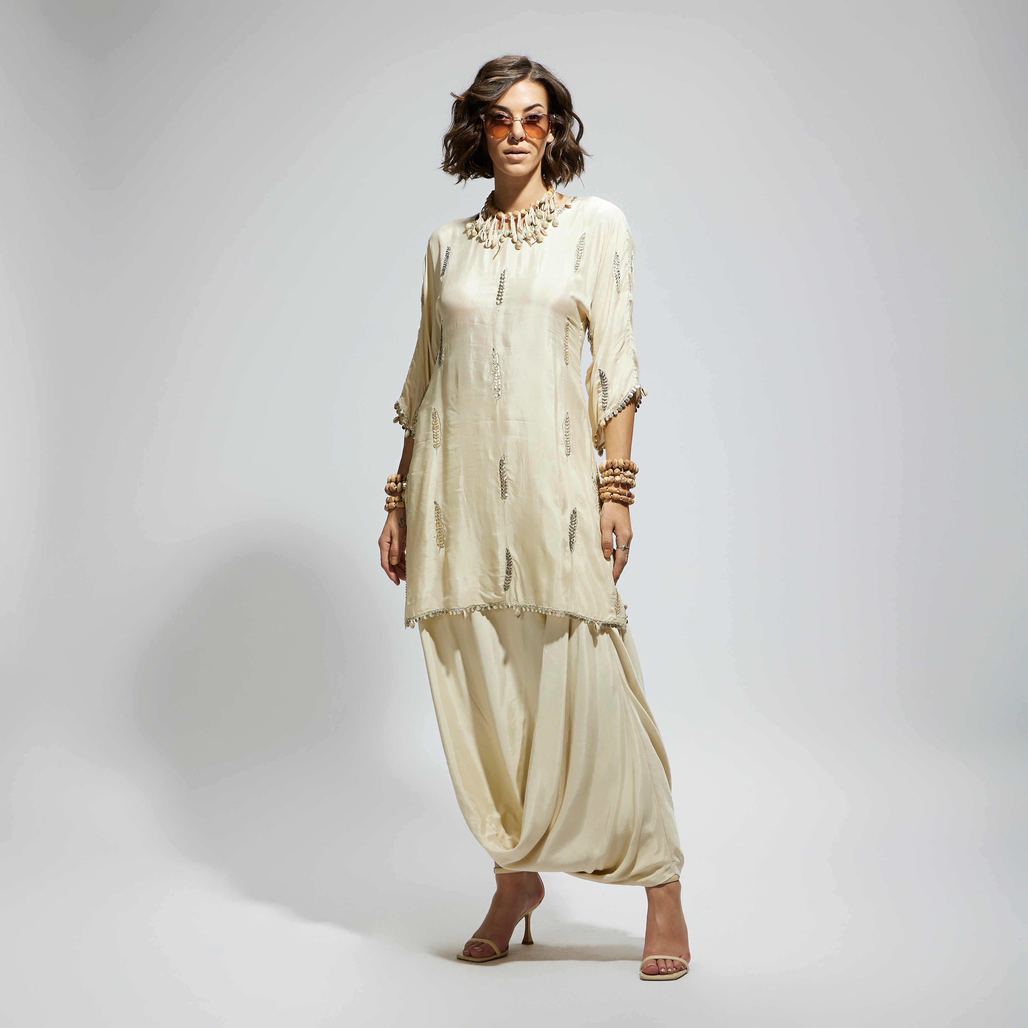 IVORY EMBELLISHED TUNIC WITH DRAPE SKIRT