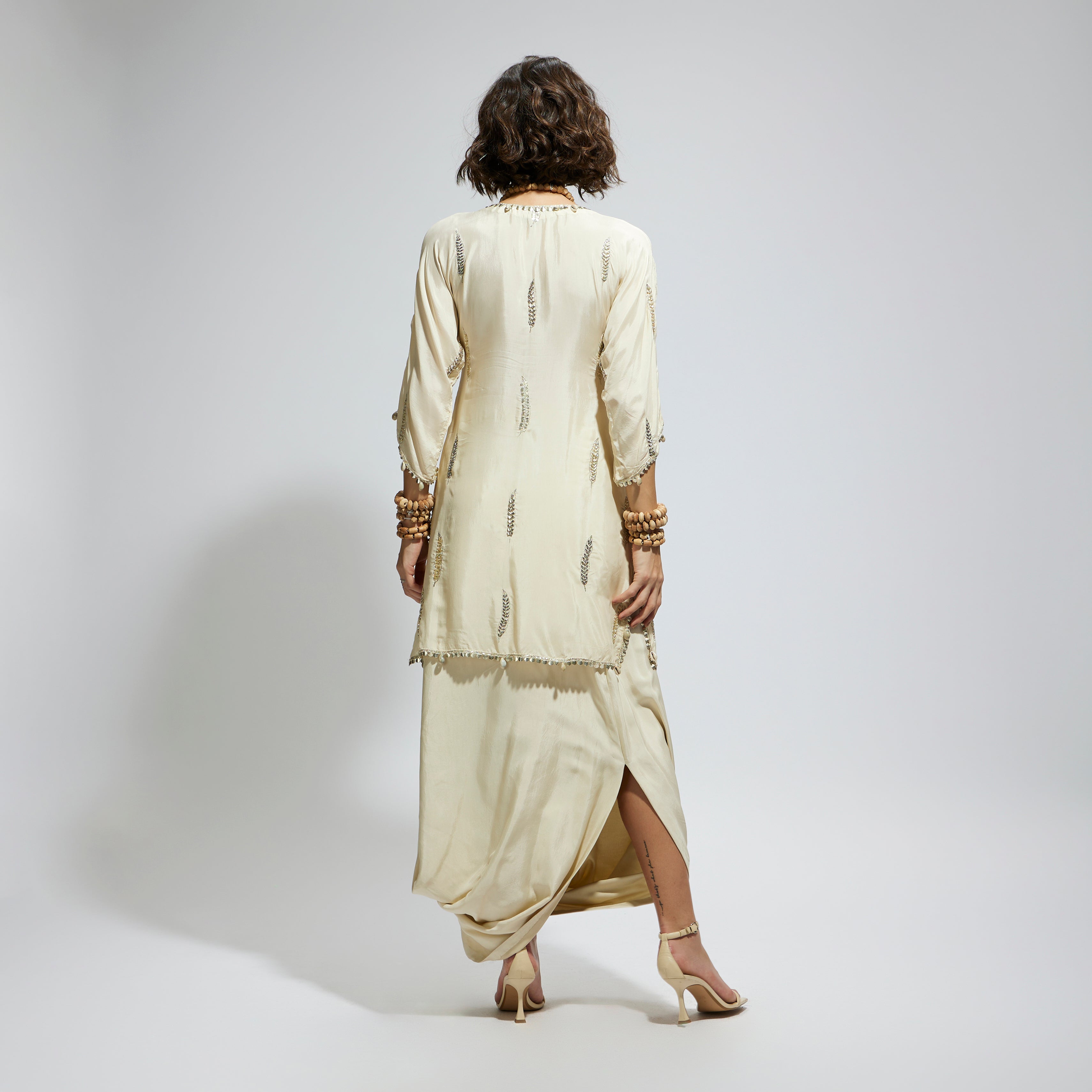 IVORY EMBELLISHED TUNIC WITH DRAPE SKIRT