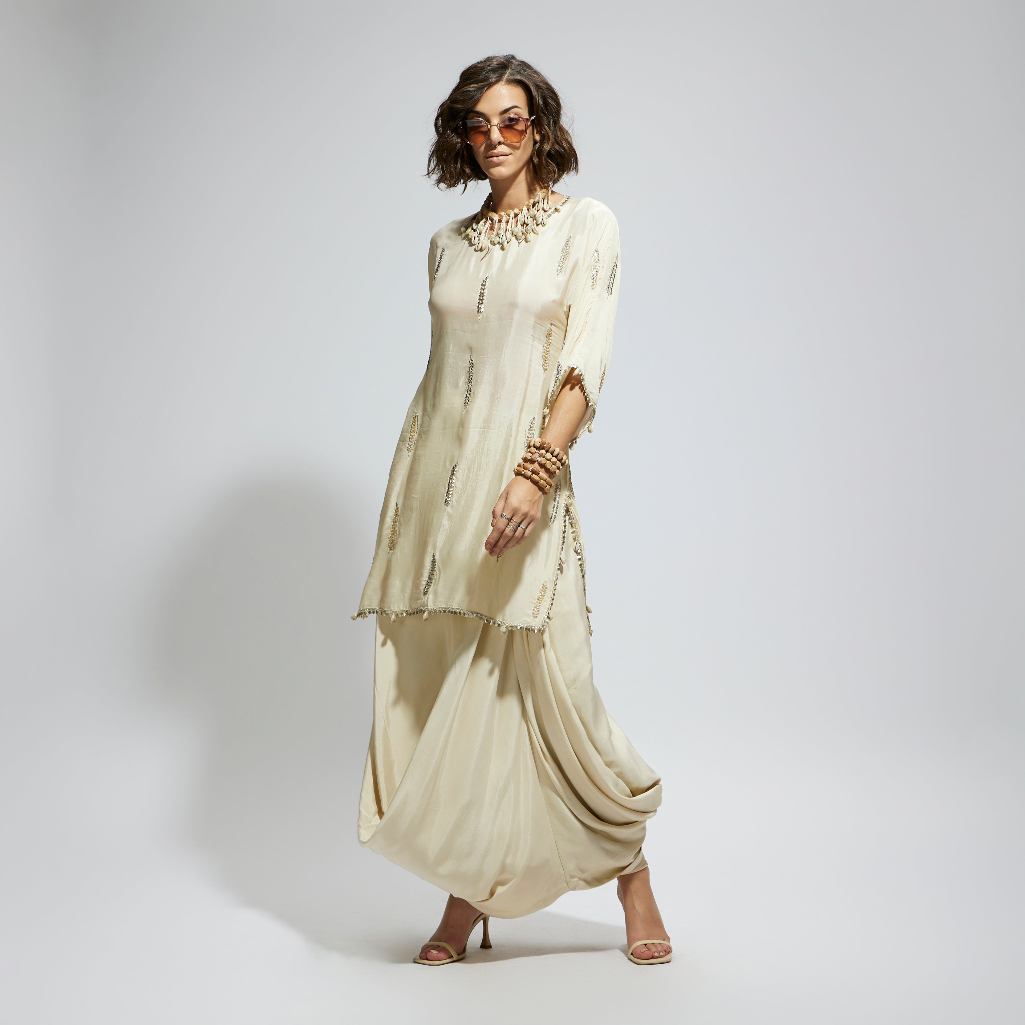 IVORY EMBELLISHED TUNIC WITH DRAPE SKIRT