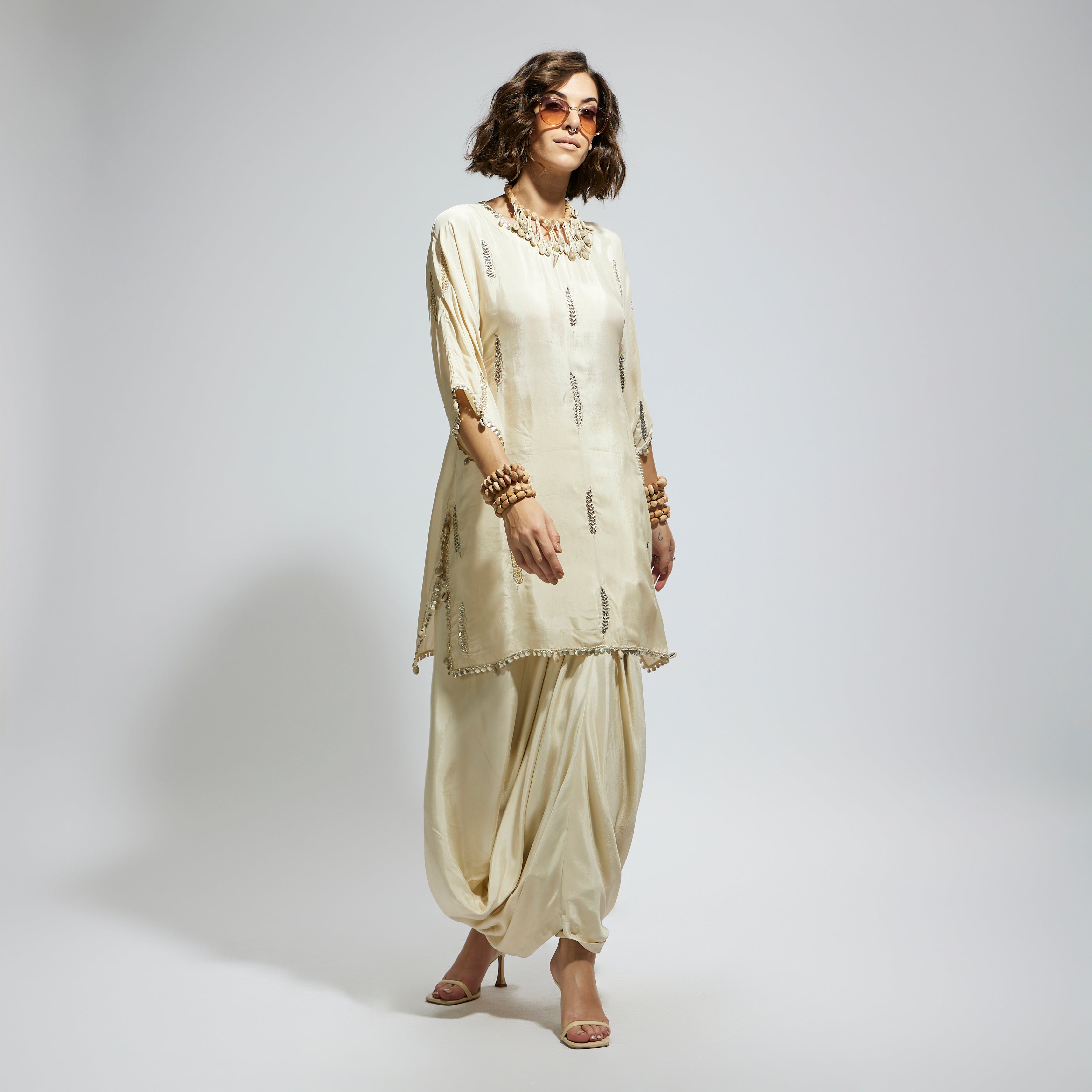 IVORY EMBELLISHED TUNIC WITH DRAPE SKIRT