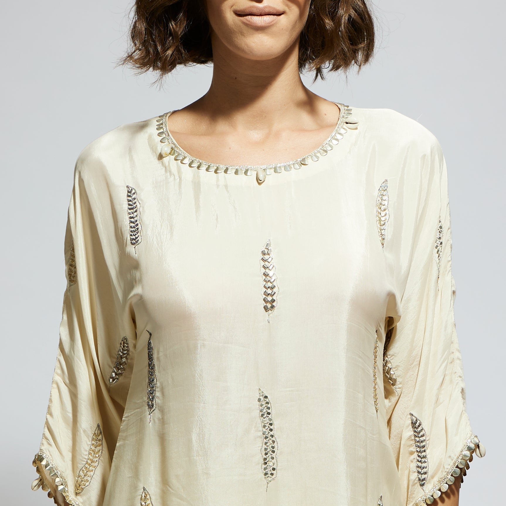 IVORY EMBELLISHED TUNIC WITH DRAPE SKIRT