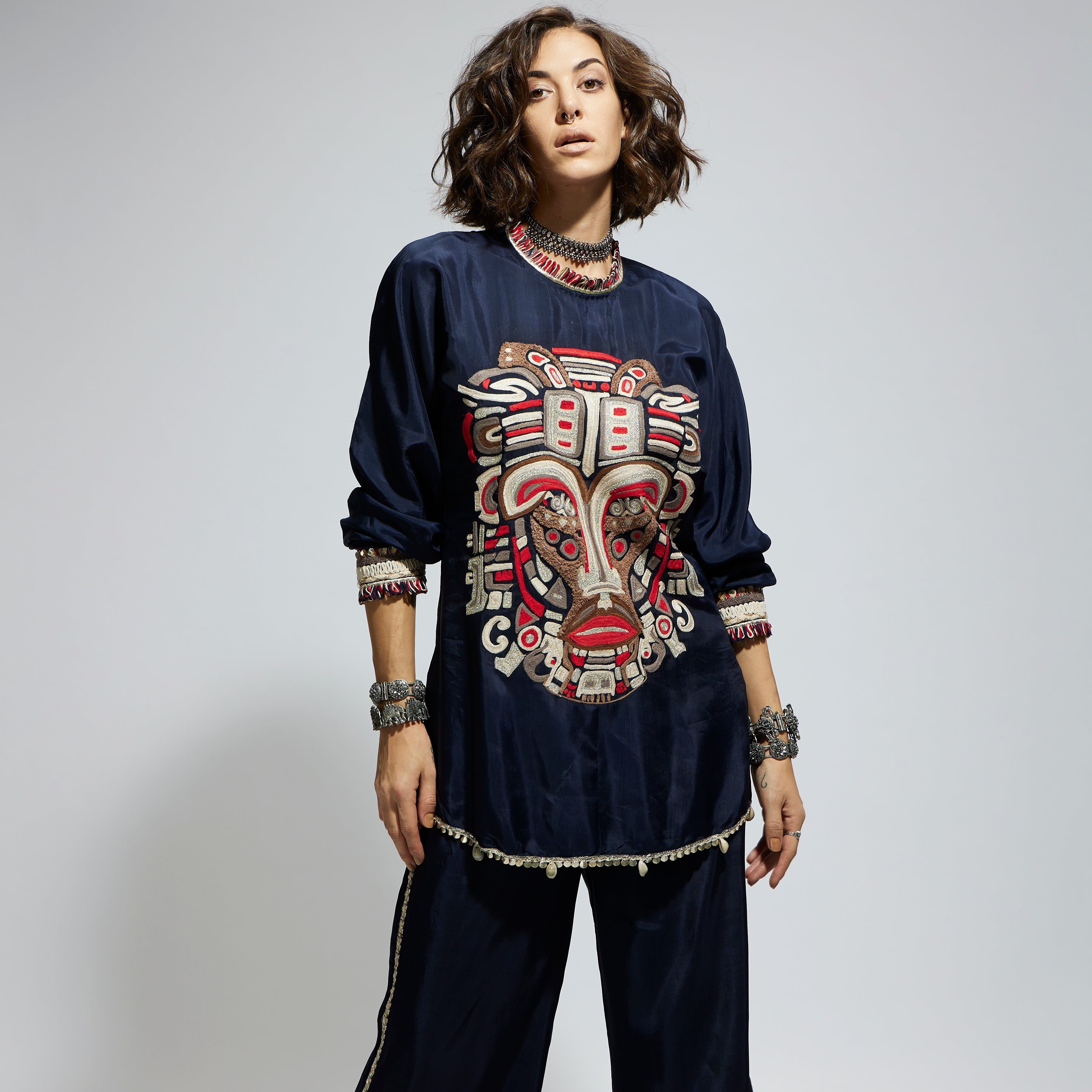 BLUE EMBELLISHED MASK THREADWORK TUNIC SET