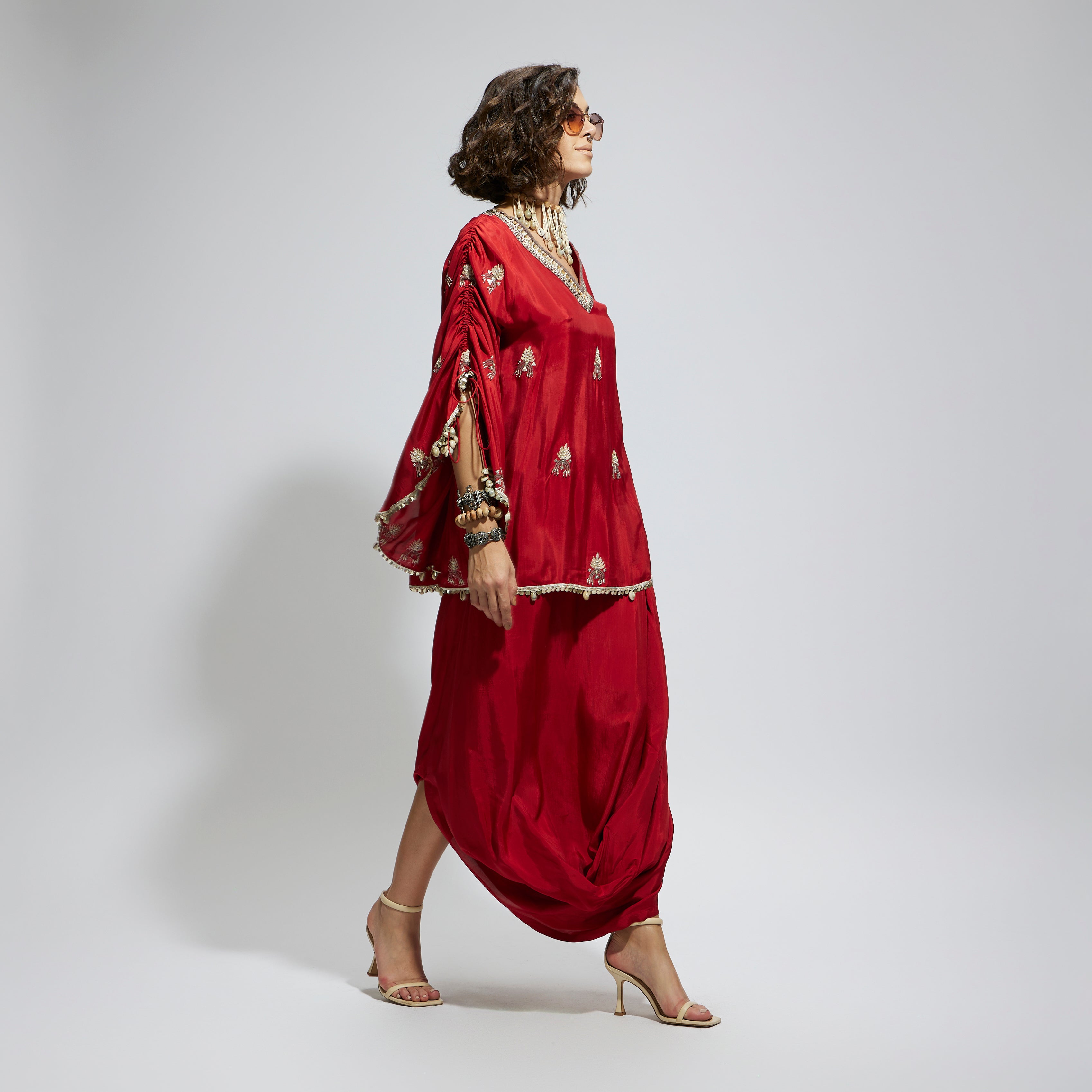 TERRACOTTA EMBELLISHED CAPE TOP PAIRED WITH TERRACOTTA DRAPE SKIRT