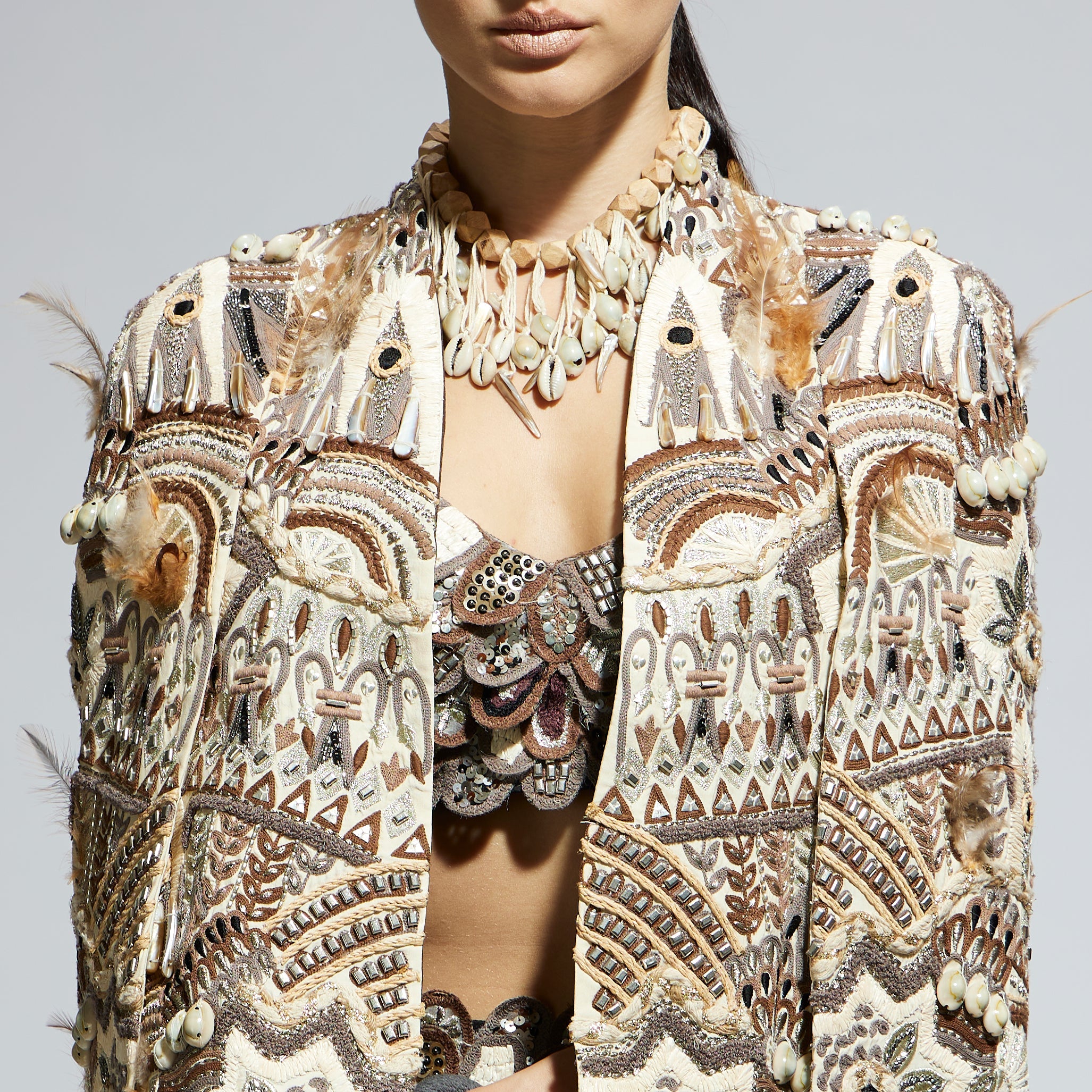 IVORY ABSTRACT FEATHER CAPE JACKET