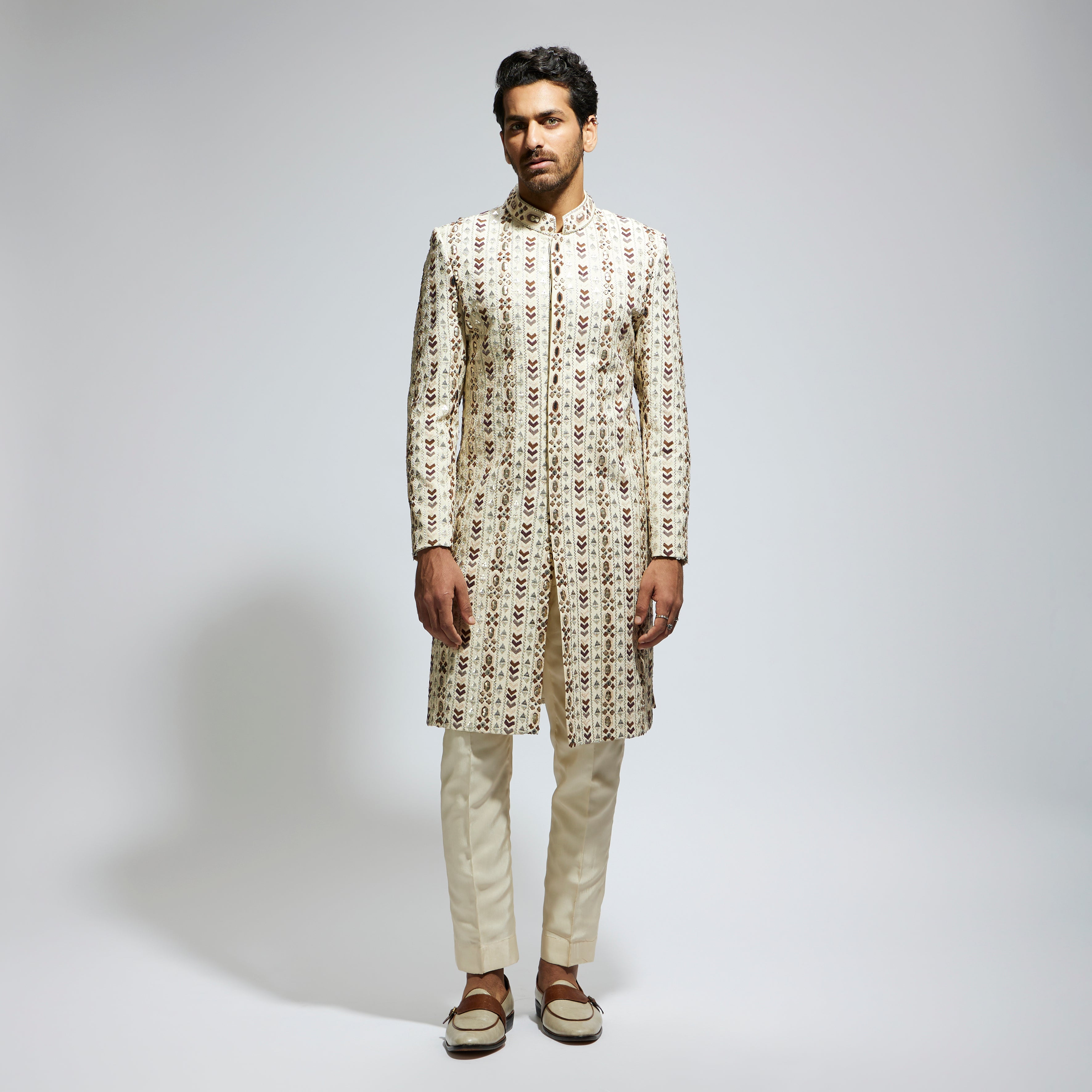 IVORY GEO EMBROIDERED SHERWANI WITH PANTS