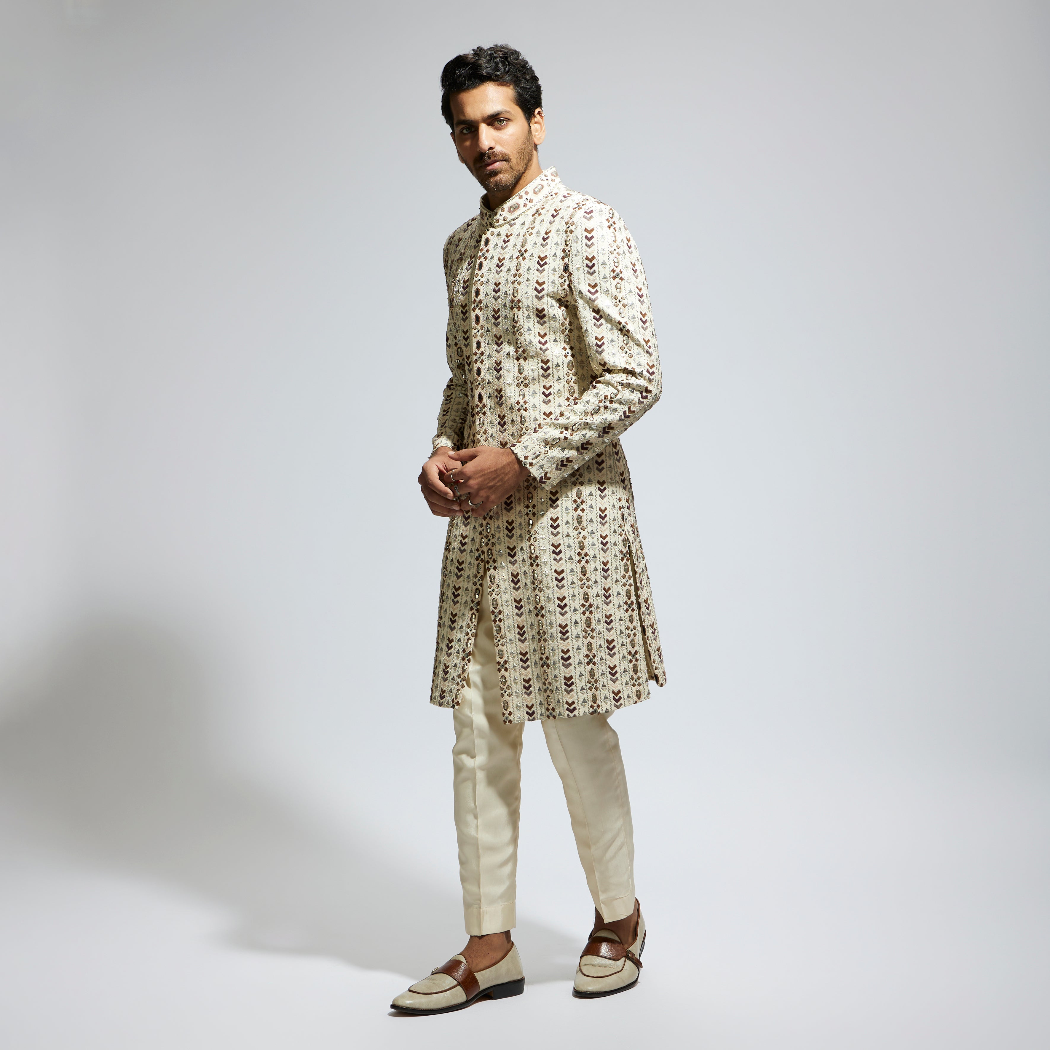 IVORY GEO EMBROIDERED SHERWANI WITH PANTS