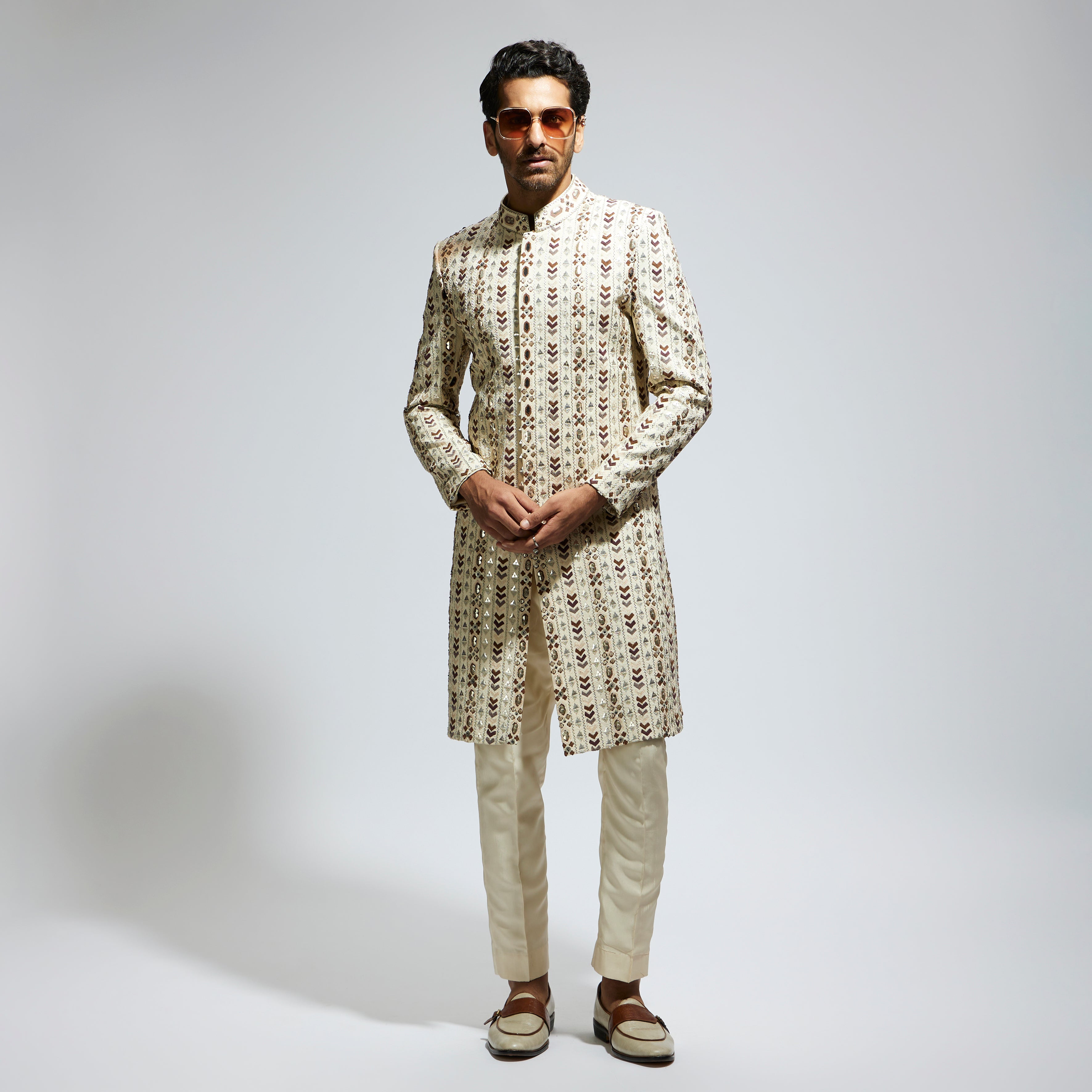 IVORY GEO EMBROIDERED SHERWANI WITH PANTS