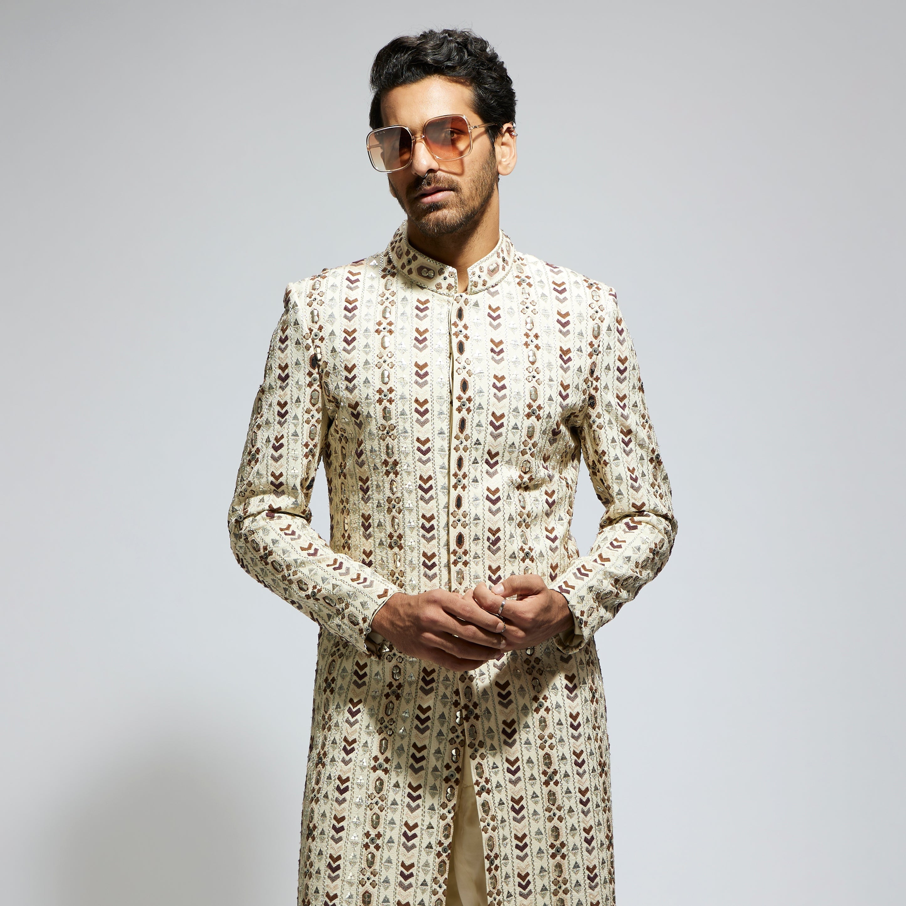 IVORY GEO EMBROIDERED SHERWANI WITH PANTS