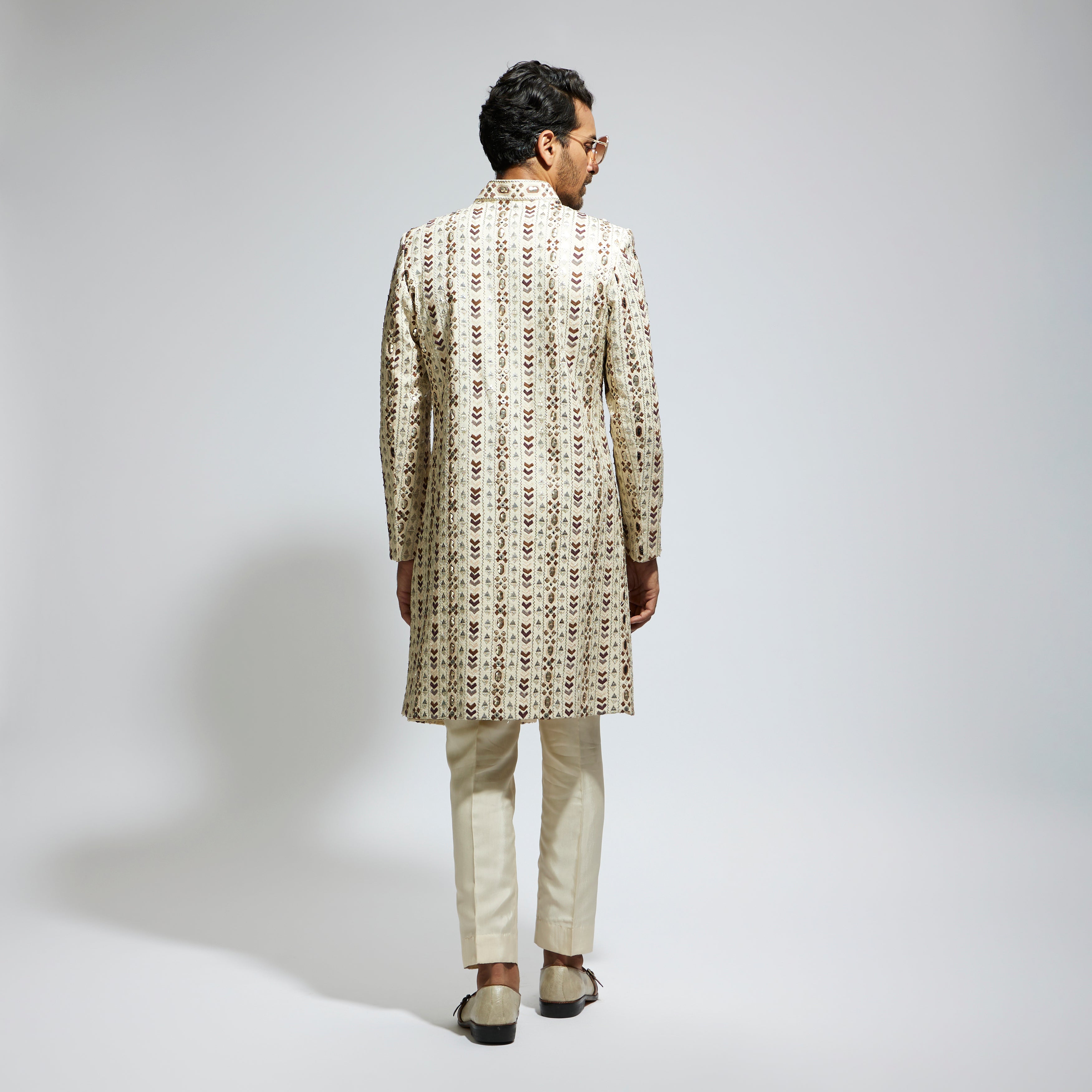 IVORY GEO EMBROIDERED SHERWANI WITH PANTS