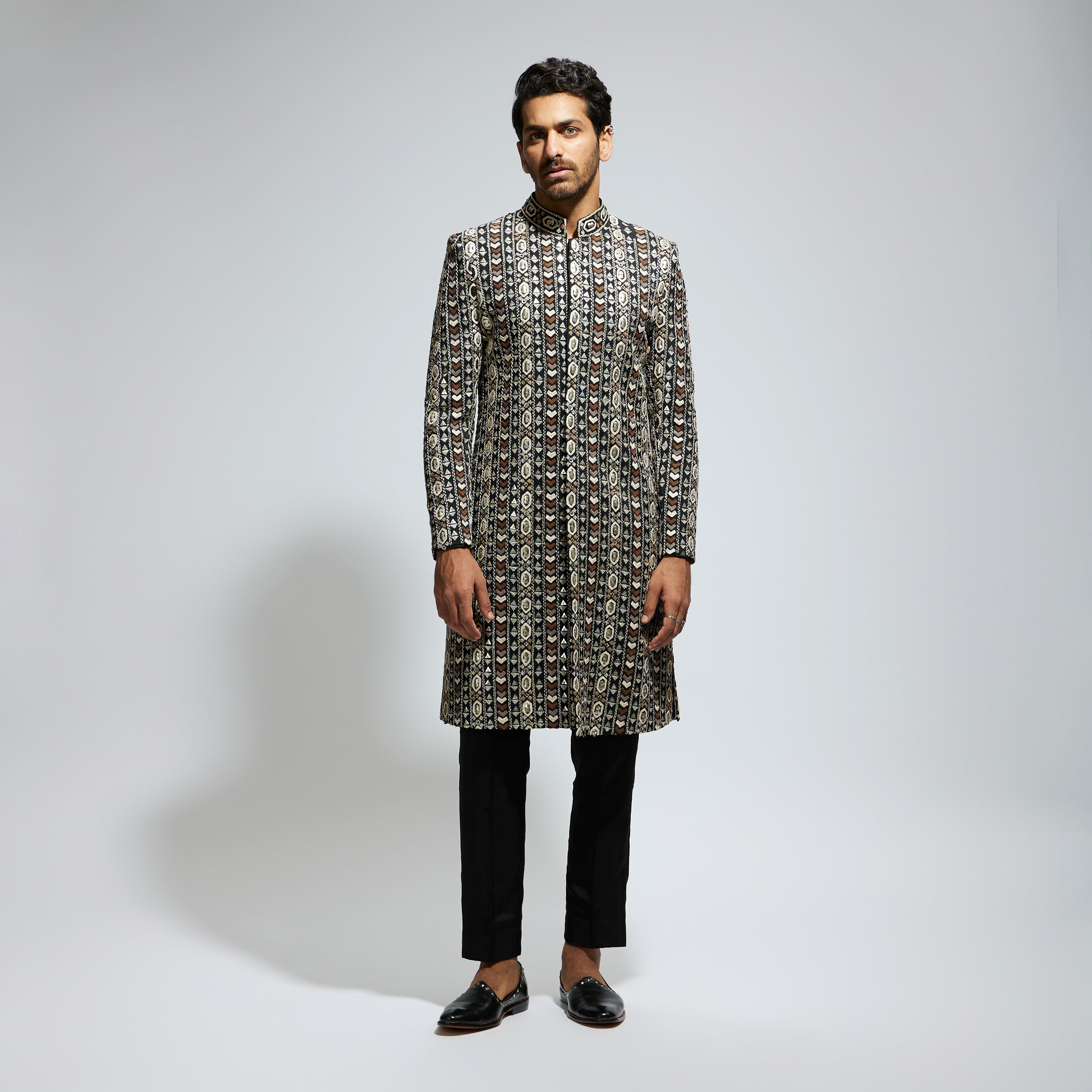 BLACK GEO EMBROIDERED SHERWANI WITH PANTS