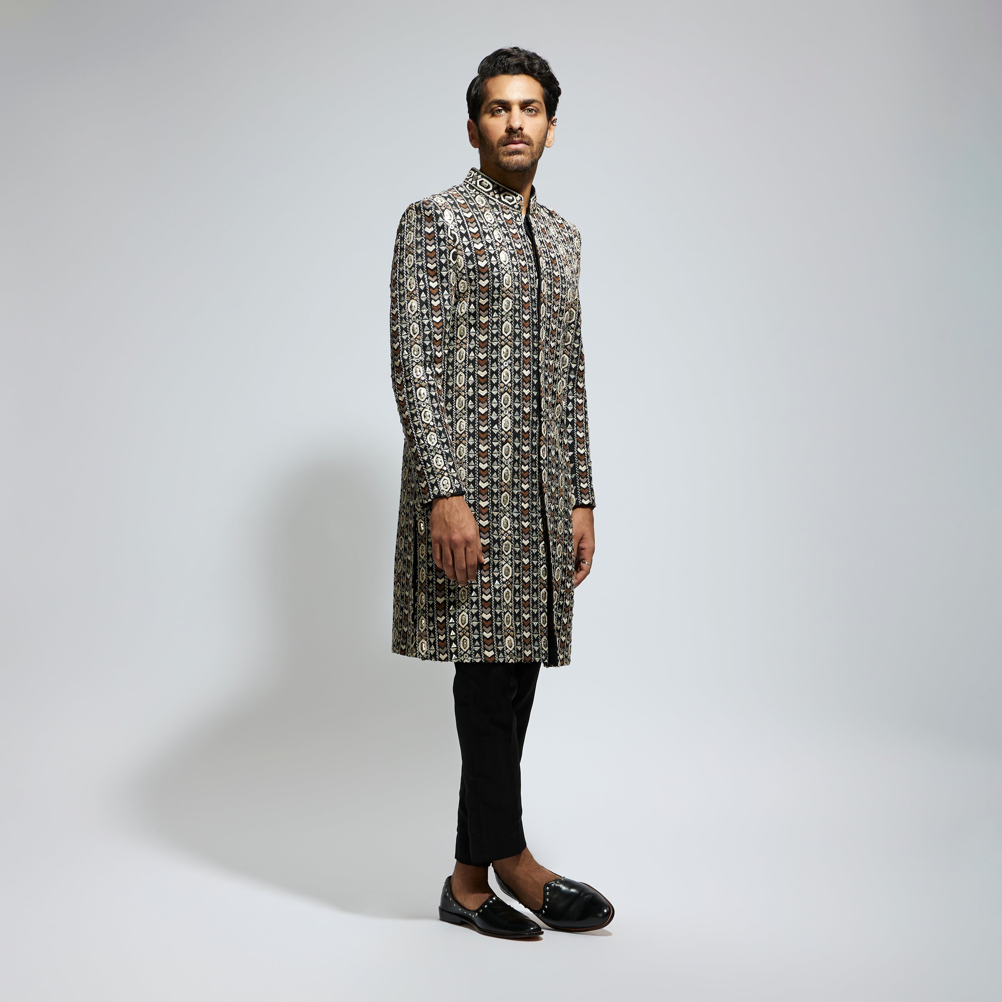 BLACK GEO EMBROIDERED SHERWANI WITH PANTS