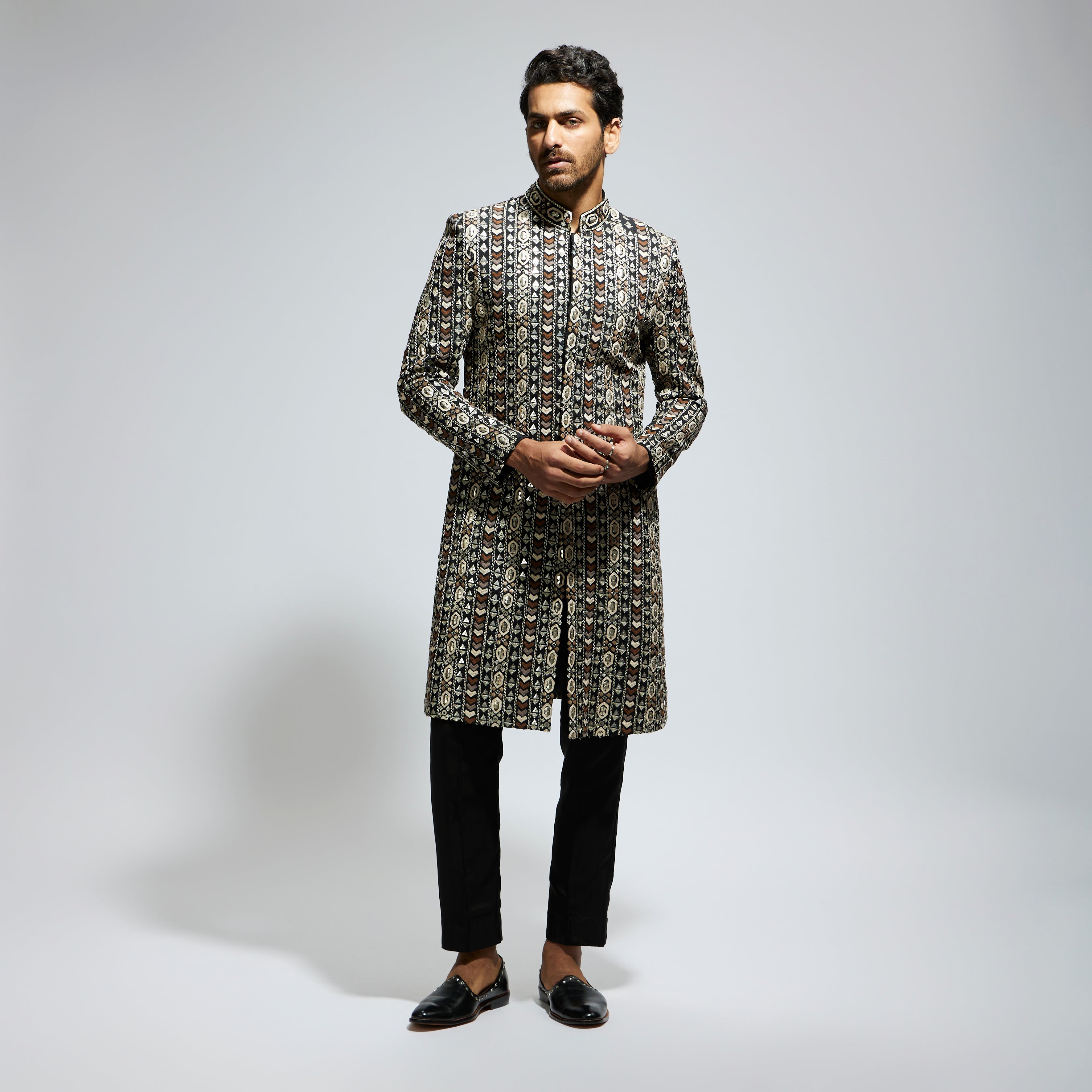 BLACK GEO EMBROIDERED SHERWANI WITH PANTS