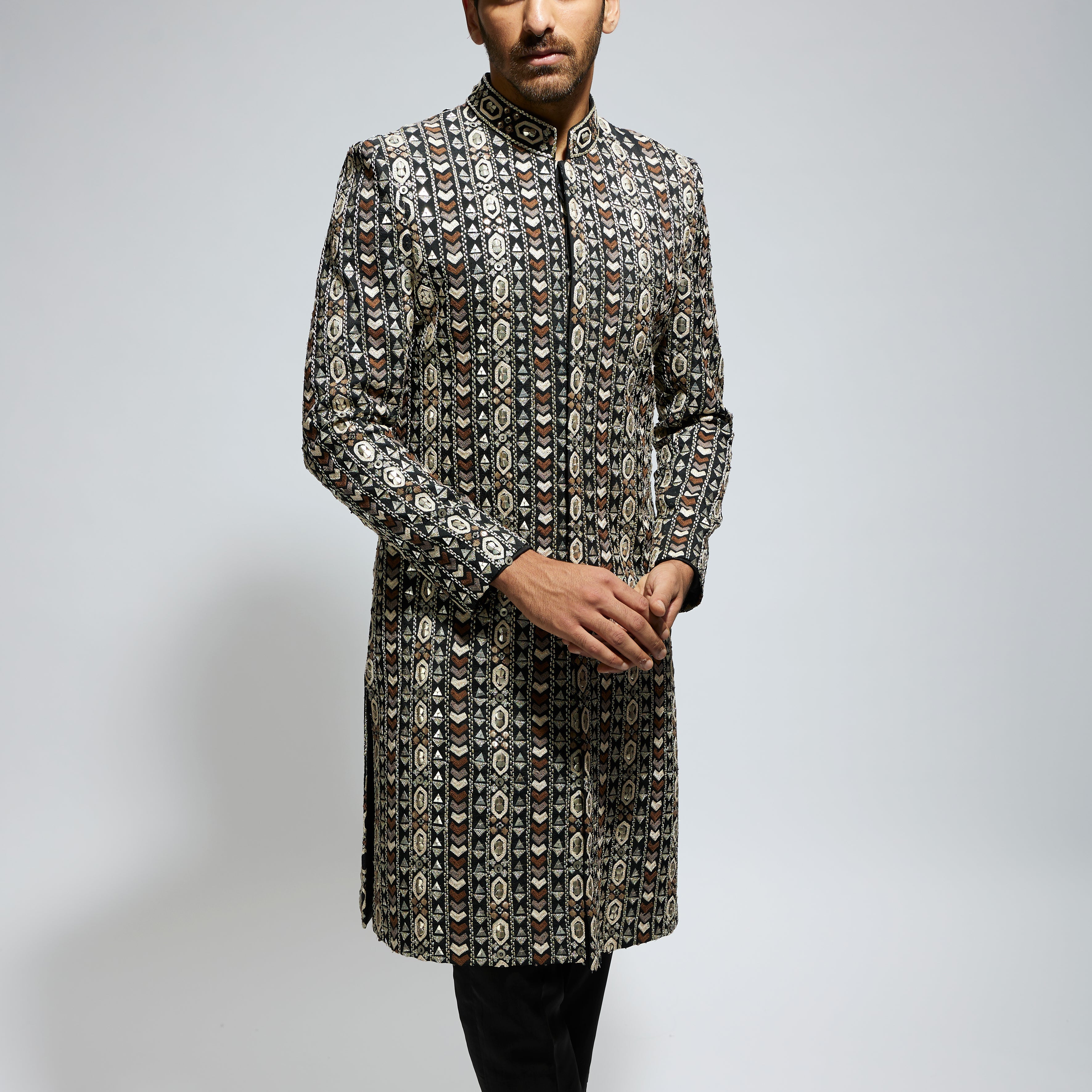 BLACK GEO EMBROIDERED SHERWANI WITH PANTS