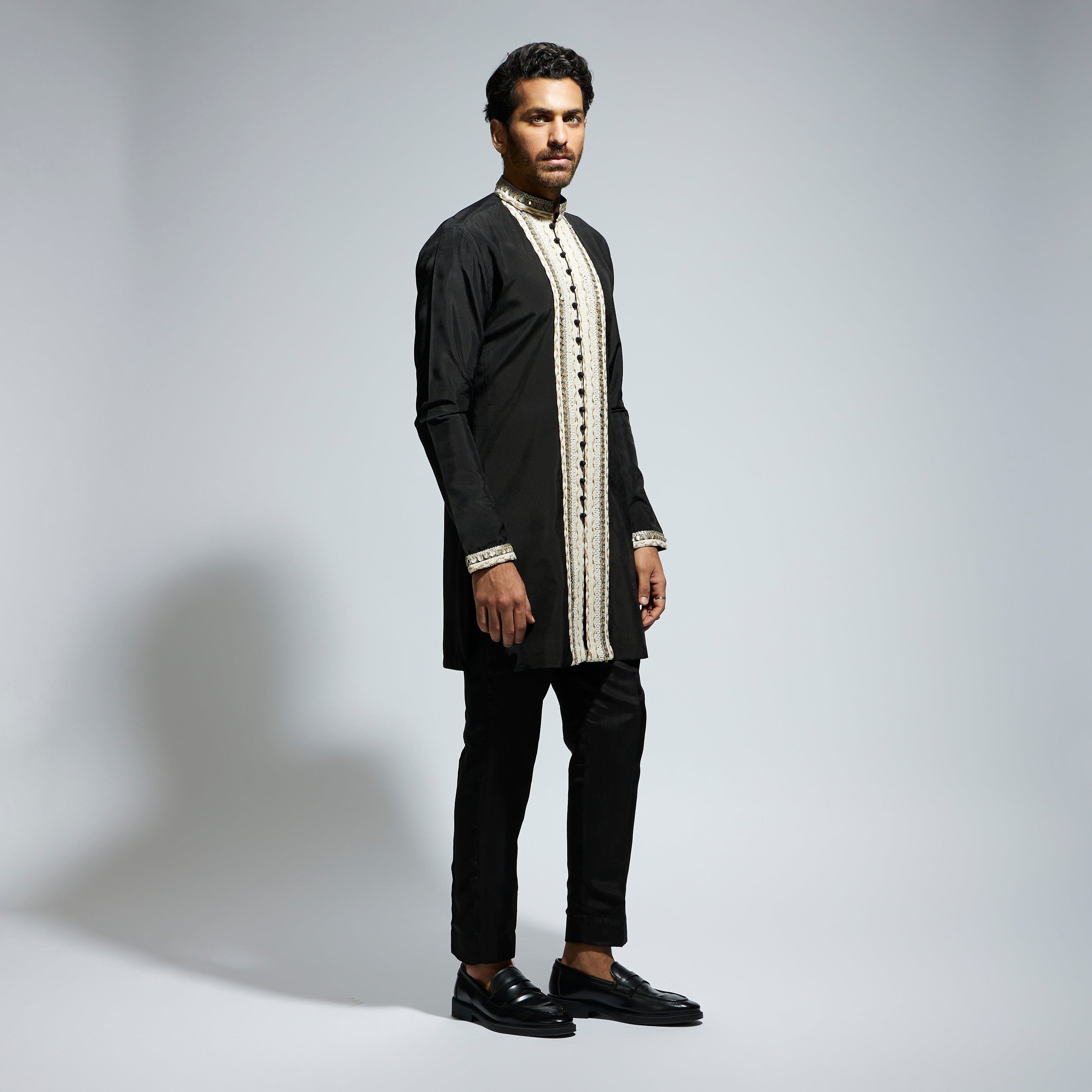 BLACK FRONT OPEN THREADWORK EMBROIDERED KURTA PAIRED WITH PANTS