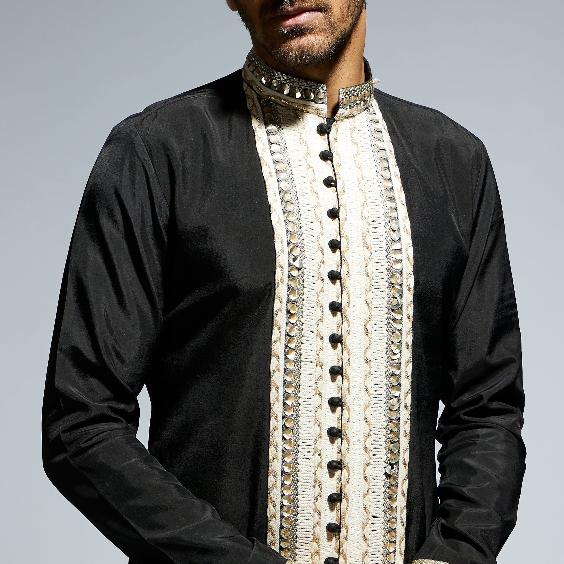 BLACK FRONT OPEN THREADWORK EMBROIDERED KURTA PAIRED WITH PANTS