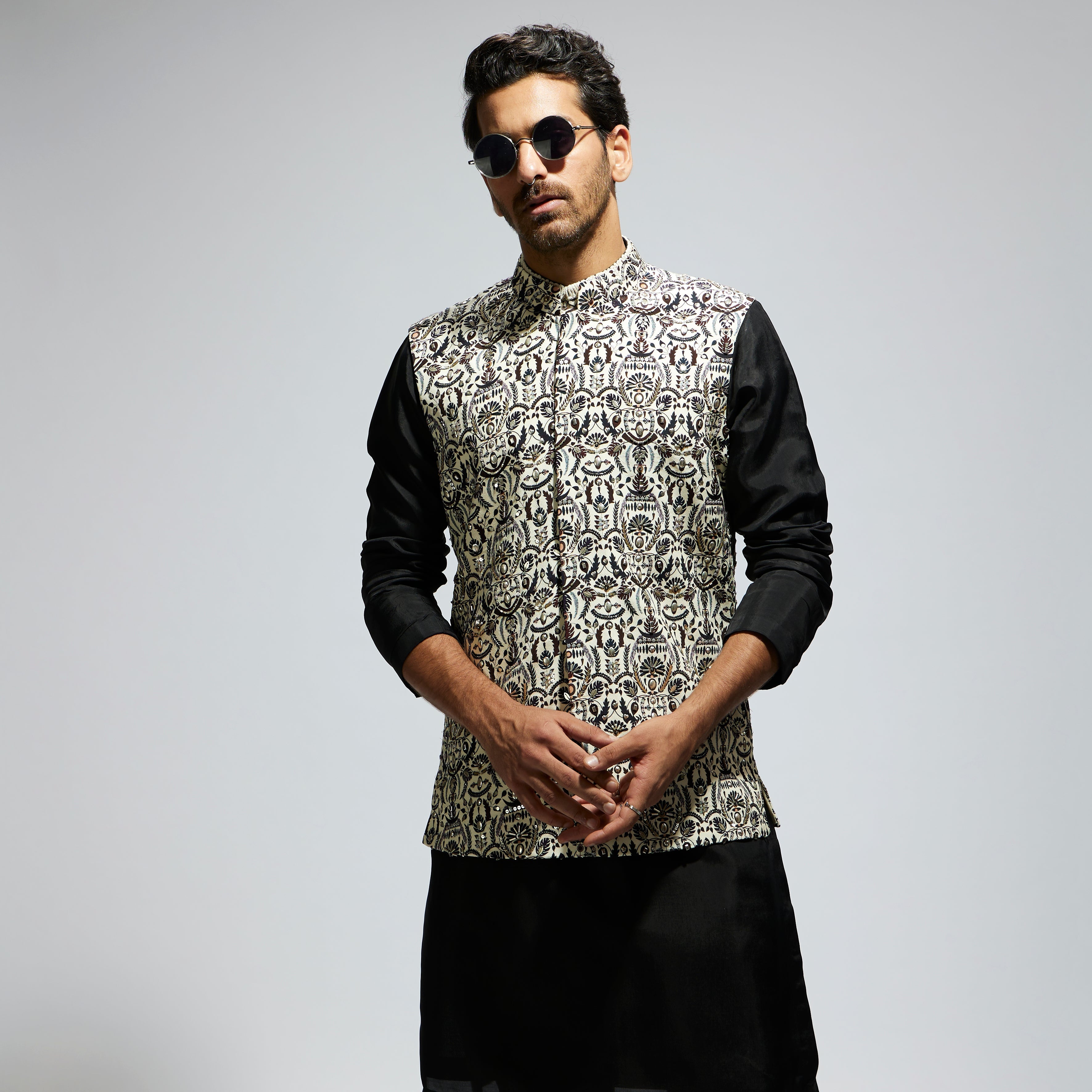 WHITE LEAF PRINTED BUNDI WITH KURTA AND PANTS