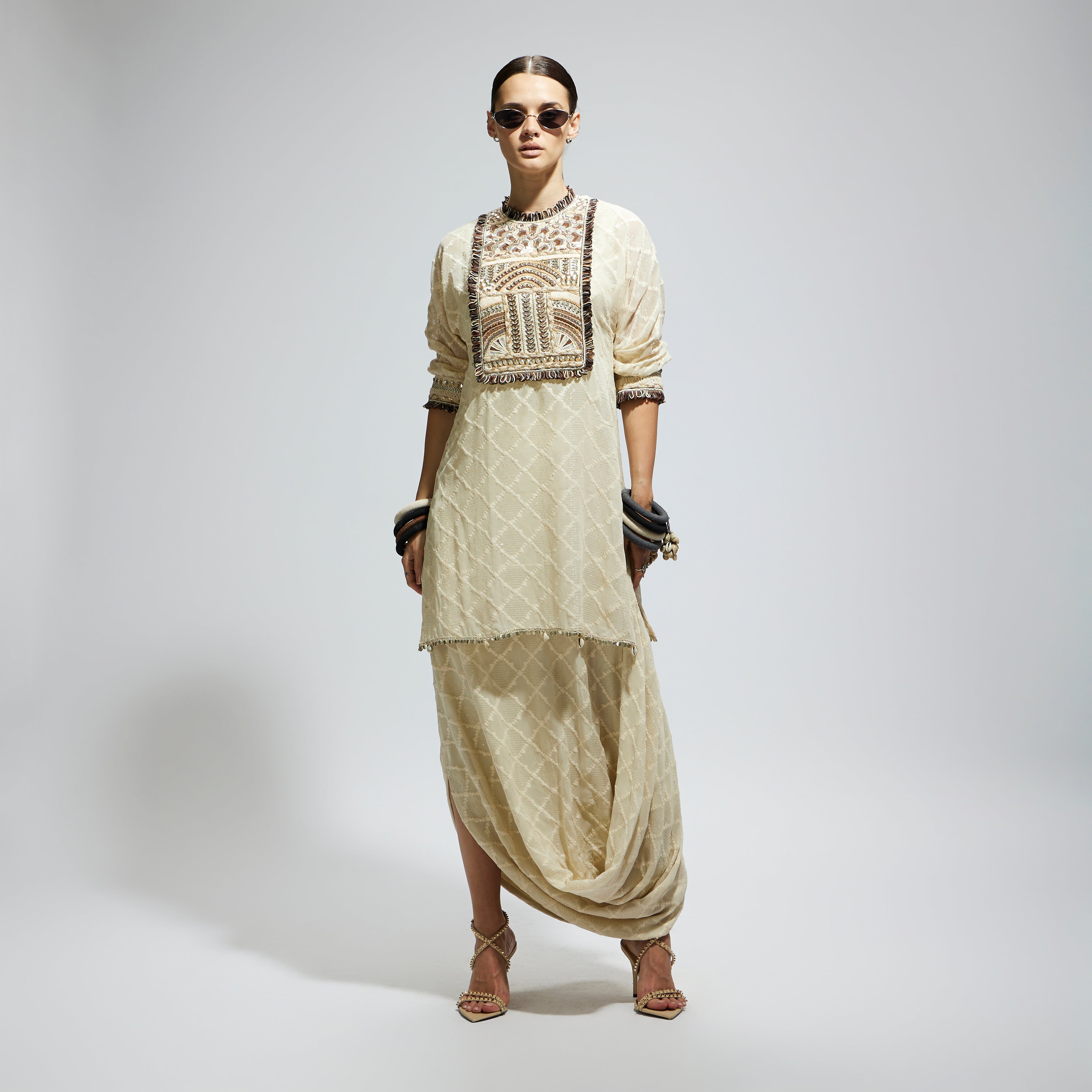 IVORY AZTEC YOKE EMBROIDERED TUNIC PAIRED WITH DRAPE SKIRT