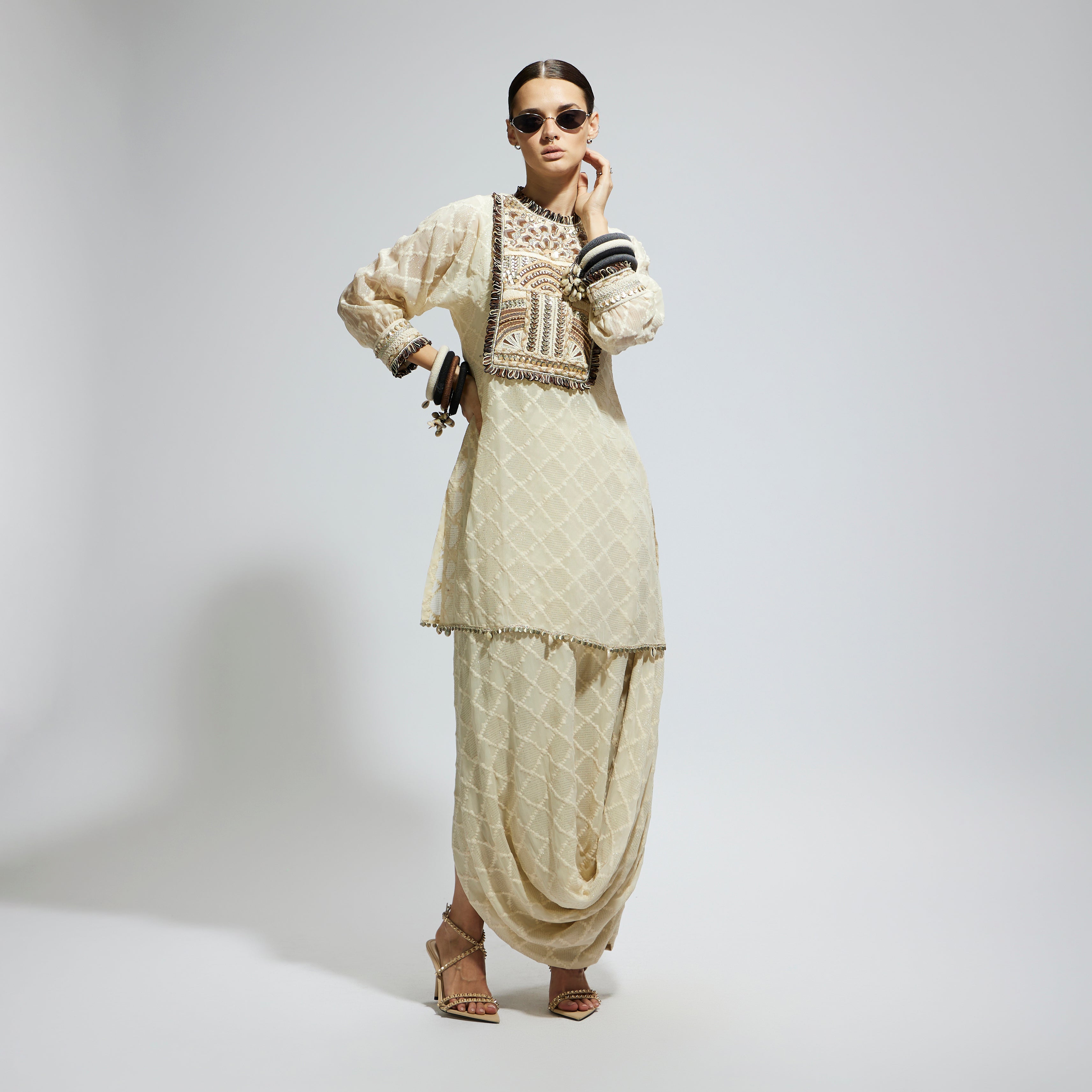 IVORY AZTEC YOKE EMBROIDERED TUNIC PAIRED WITH DRAPE SKIRT