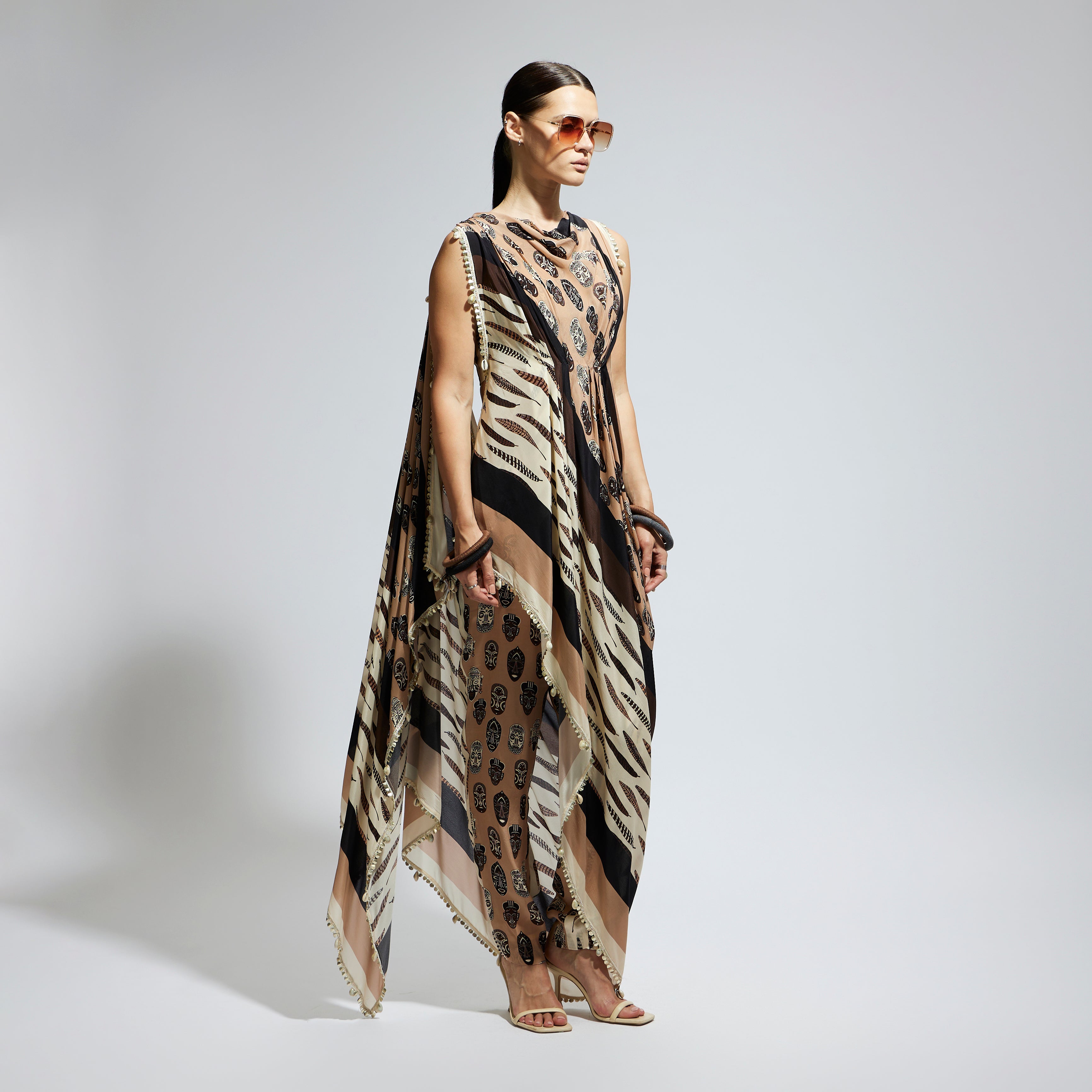 MASK AND FEATHER PRINT CROP TOP WITH ATTACHED DRAPE WITH PANTS