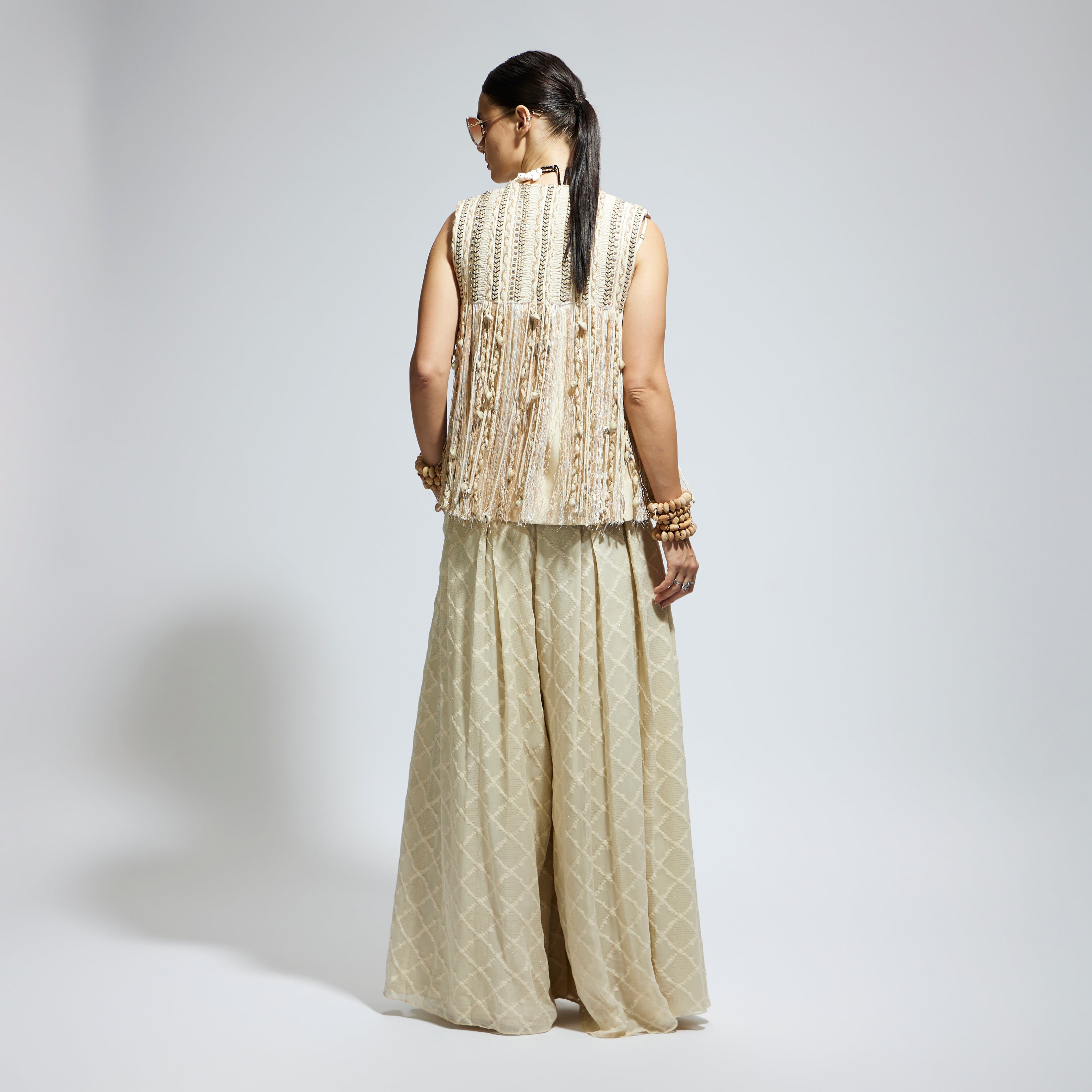 IVORY THREADWORK FRINGE JACKET