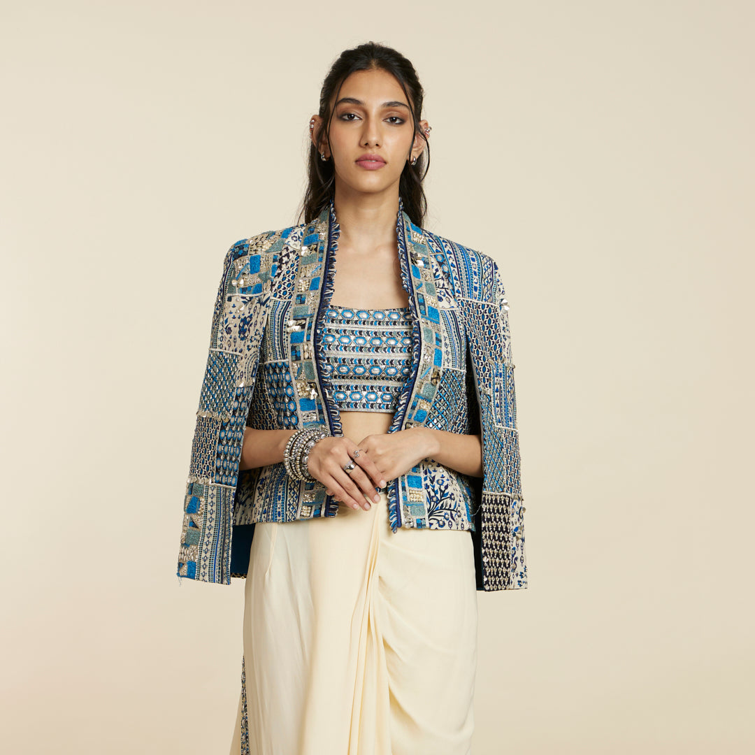 SAFAR: BLUE PATCHWORK NOOR JACKET