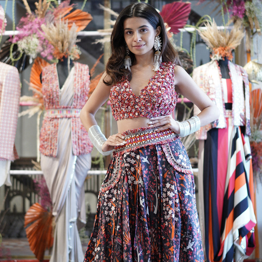 FLOWER APPLIQUE BLOUSE TEAMED WITH CONCRETE JUNGLE BOX PLEATED LEHENGA