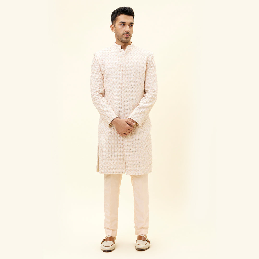 BEIGE SHERWANI WITH DROP DESIGN EMBROIDERY AND PANTS