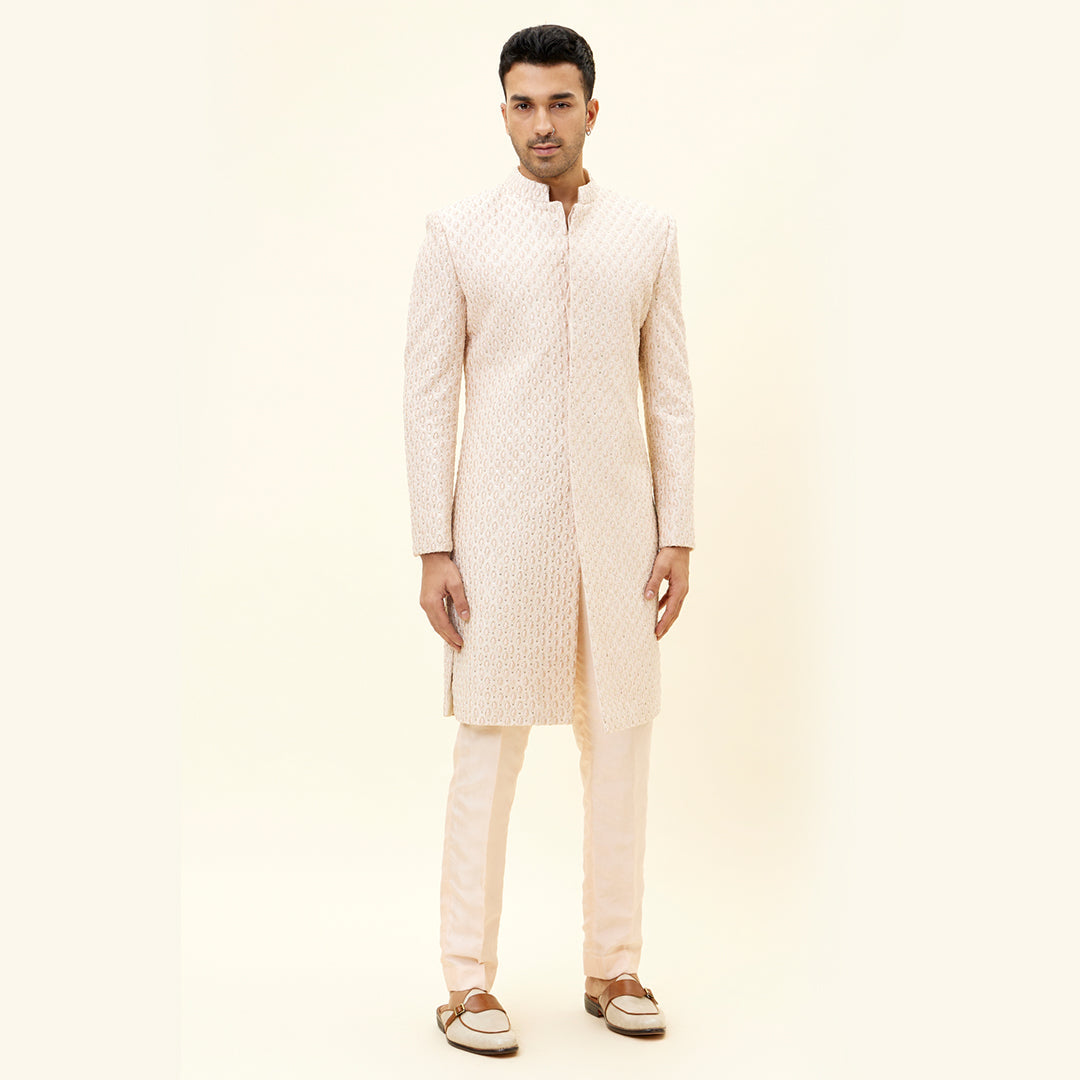 BEIGE SHERWANI WITH DROP DESIGN EMBROIDERY AND PANTS