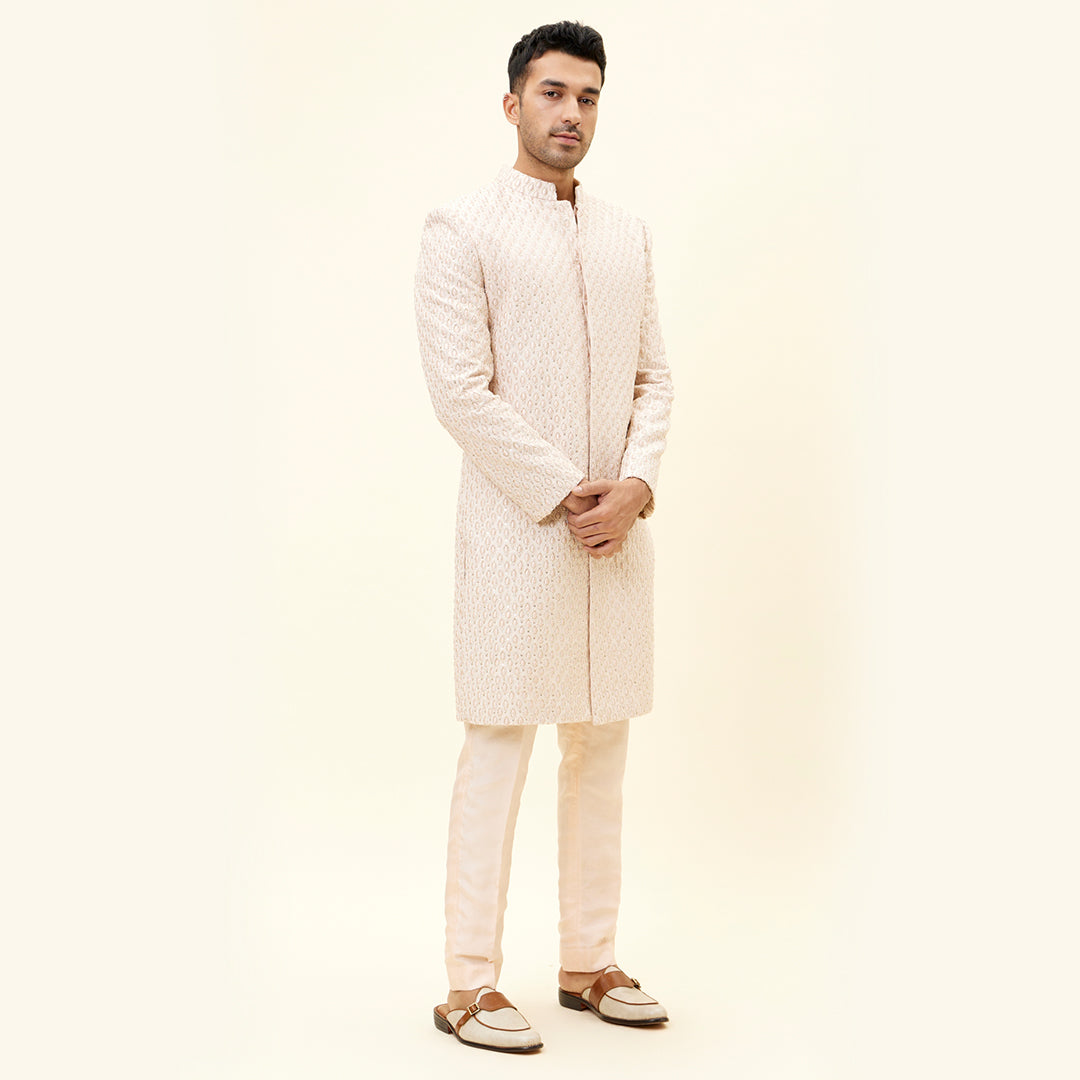 BEIGE SHERWANI WITH DROP DESIGN EMBROIDERY AND PANTS