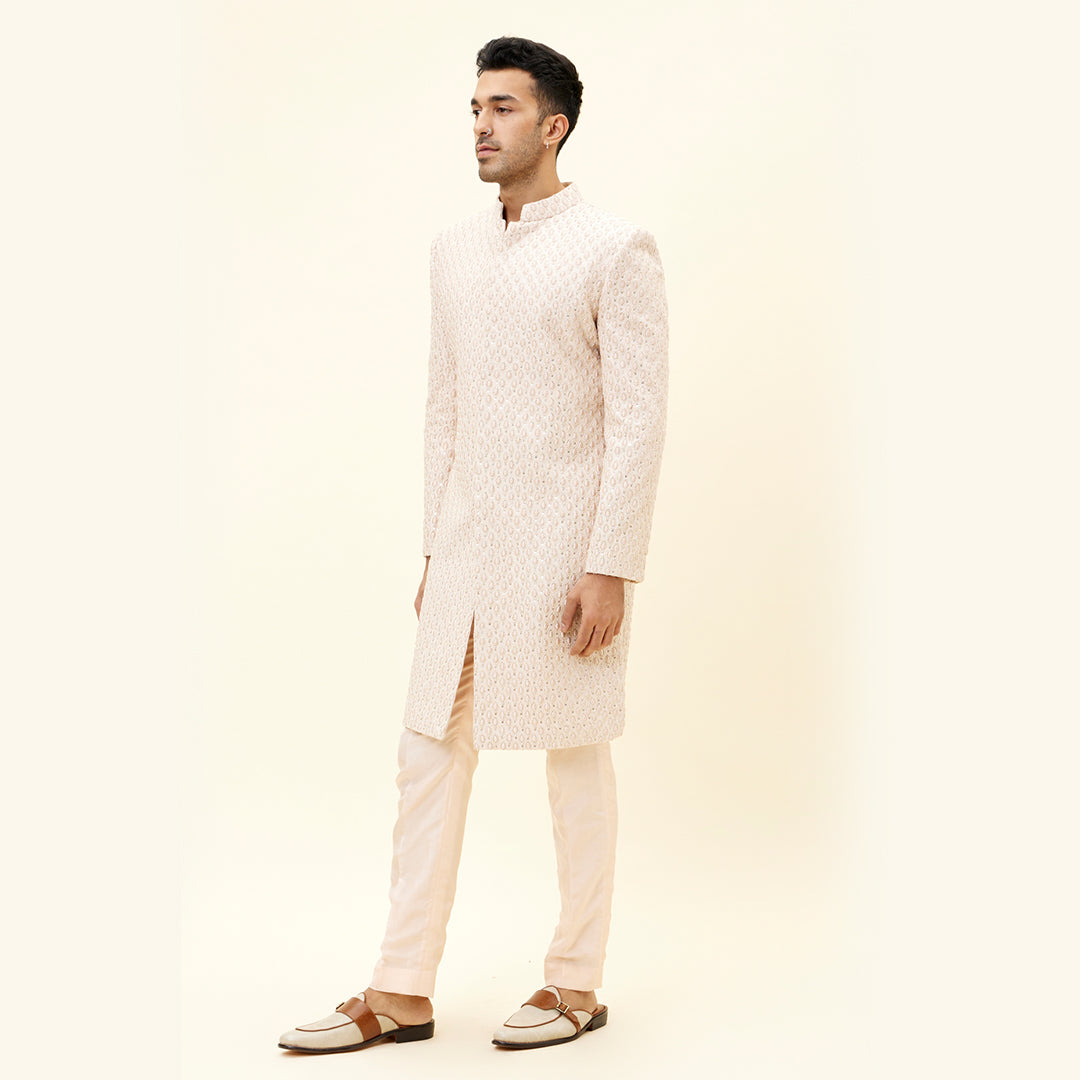 BEIGE SHERWANI WITH DROP DESIGN EMBROIDERY AND PANTS