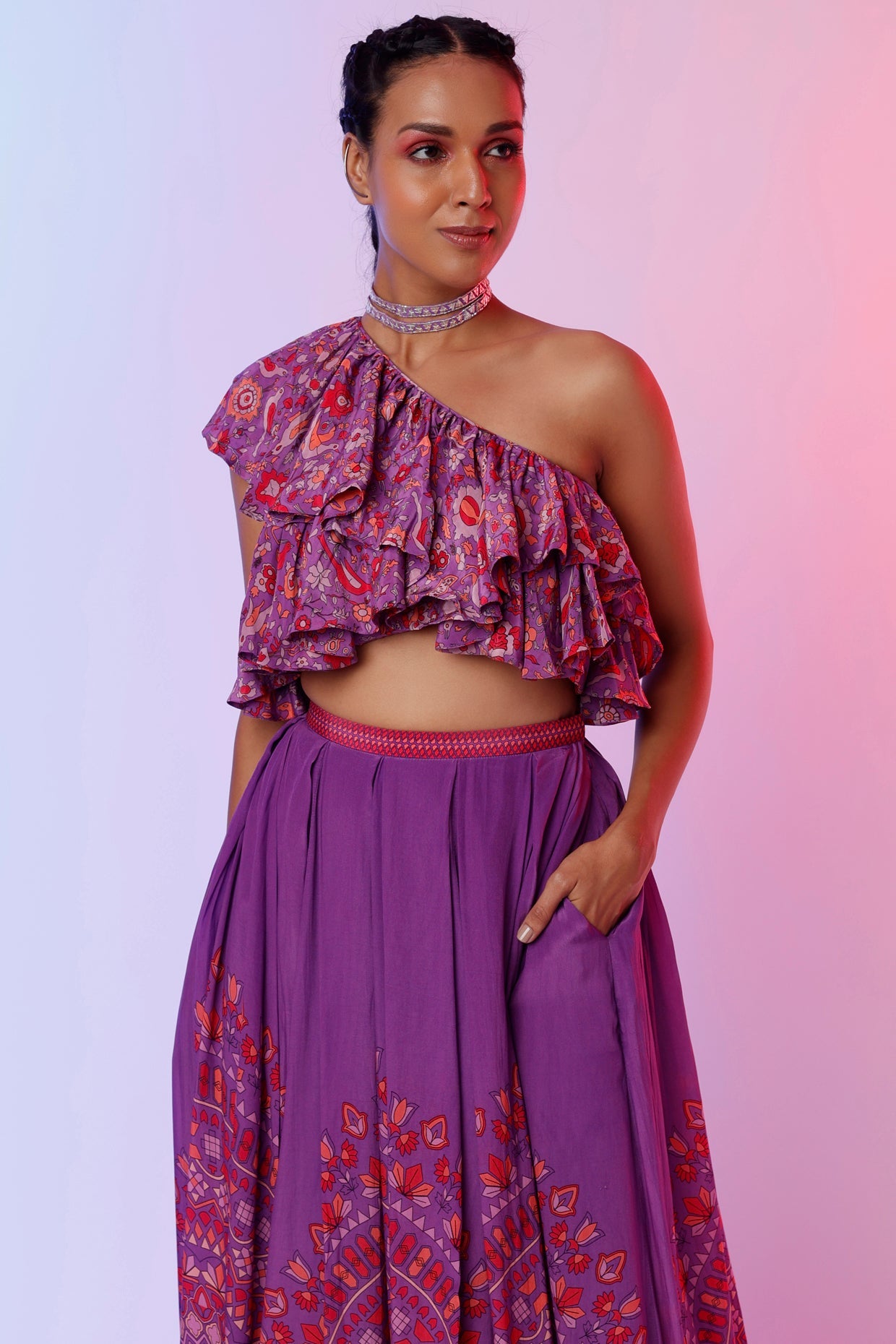 PURPLE BIG BUTTA BOX PLEAT LEHENGA WITH FLOUNCY BLOUSE