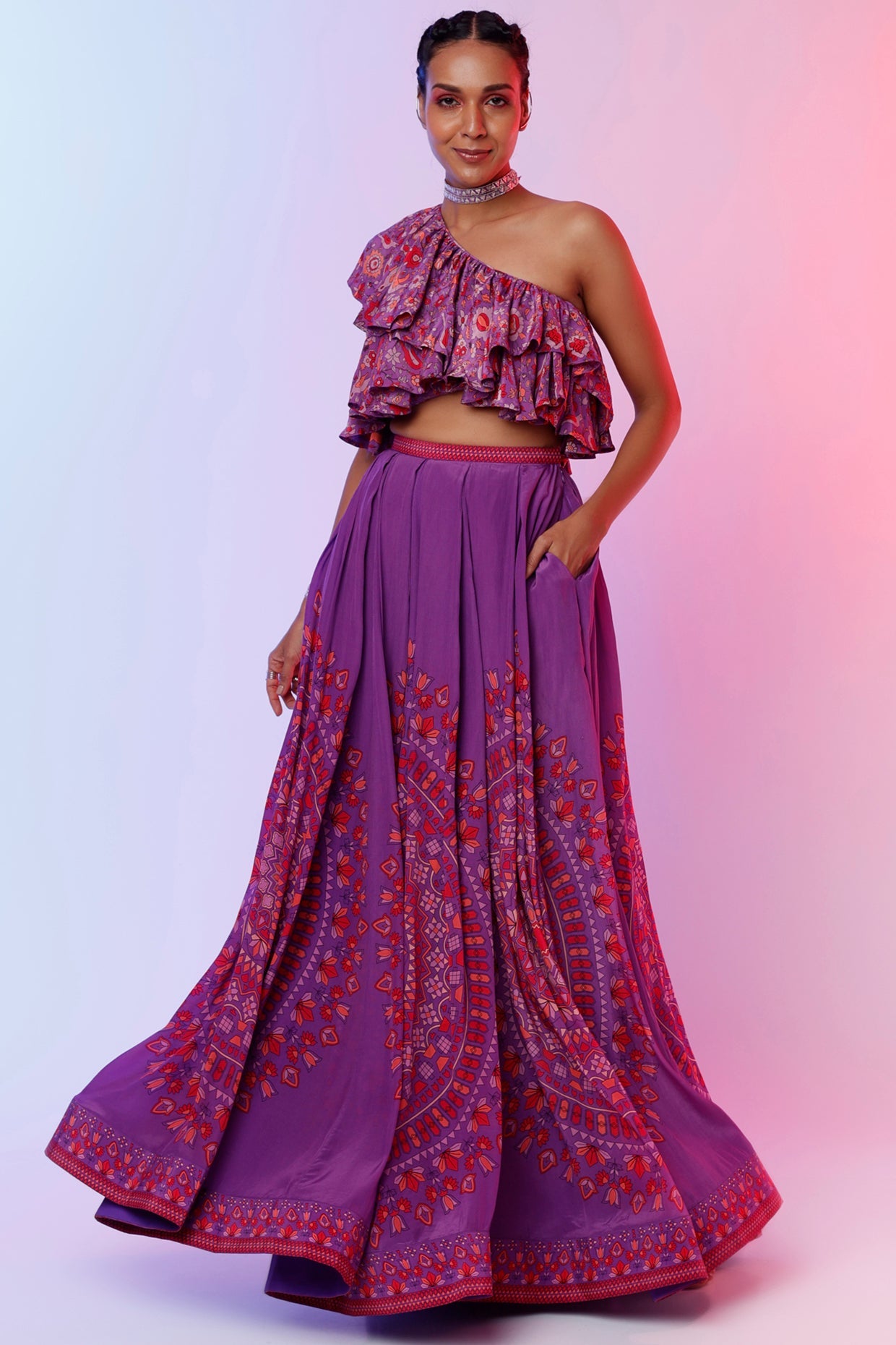 PURPLE BIG BUTTA BOX PLEAT LEHENGA WITH FLOUNCY BLOUSE