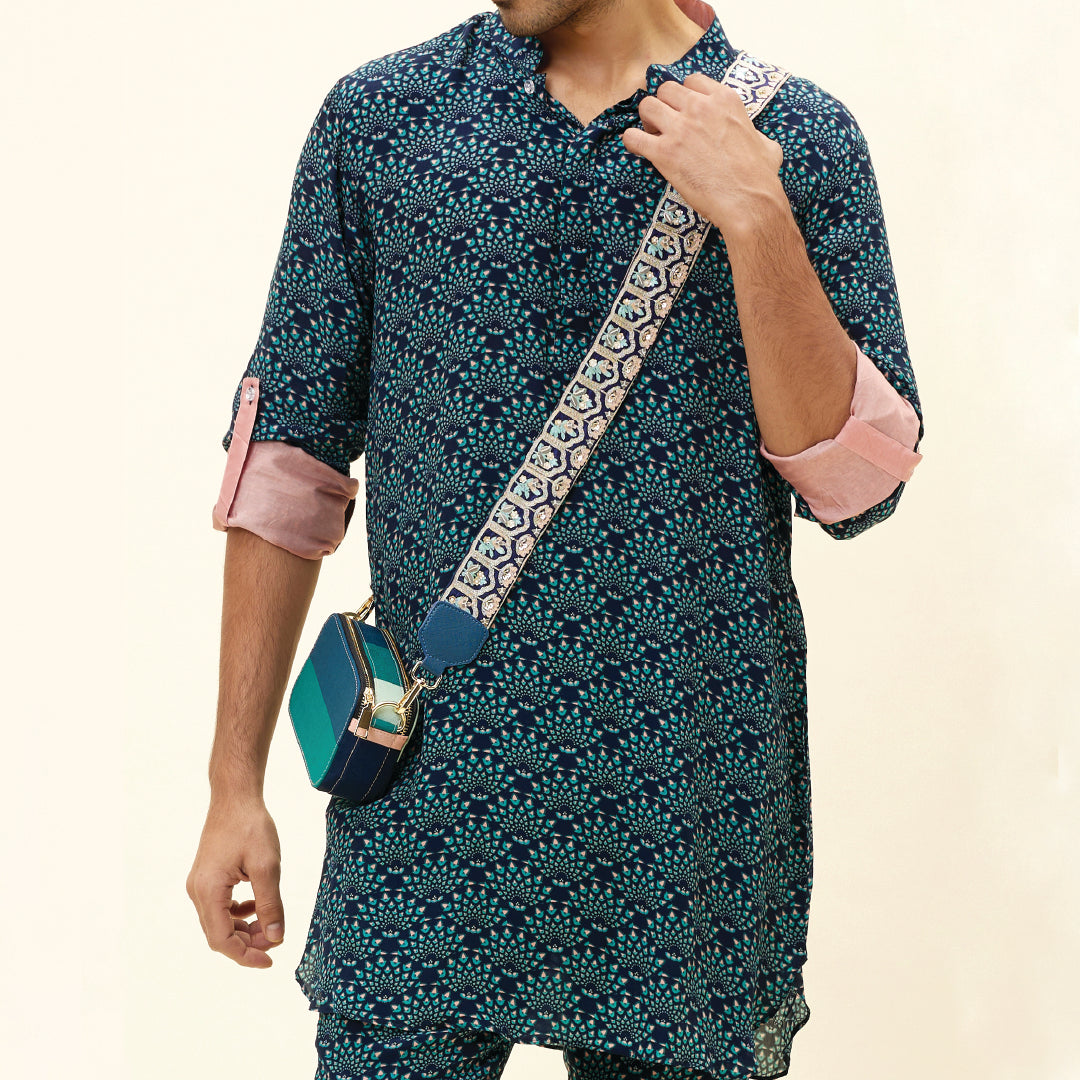 BLUE FEATHER PRINT SHORT SHIRT STYLE KURTA WITH ROLLED UP SLEEVES WITH PANTS