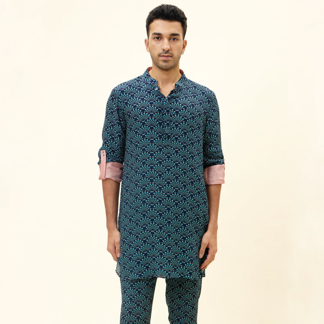 BLUE FEATHER PRINT SHORT SHIRT STYLE KURTA WITH ROLLED UP SLEEVES WITH PANTS