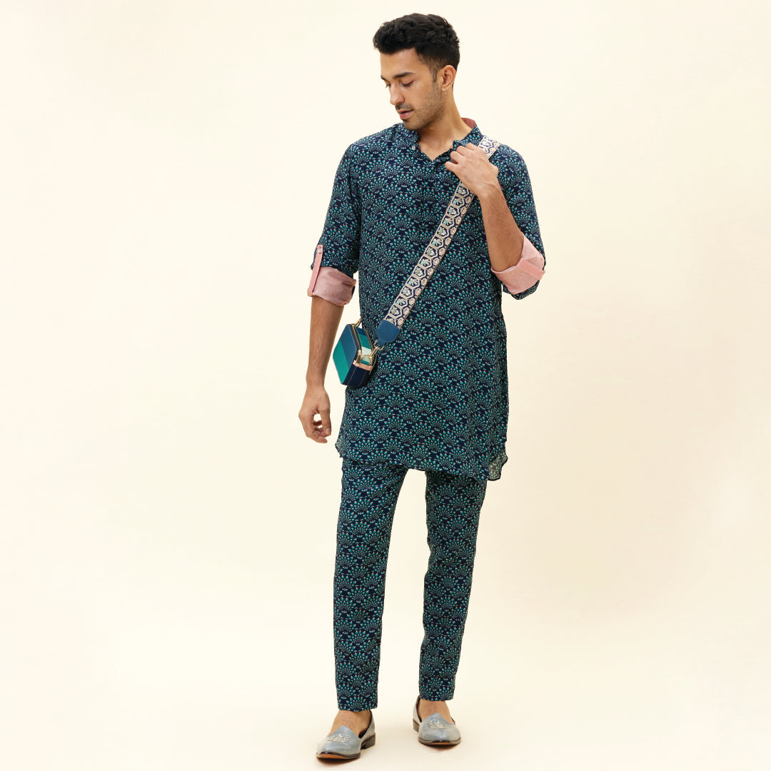 BLUE FEATHER PRINT SHORT SHIRT STYLE KURTA WITH ROLLED UP SLEEVES WITH PANTS