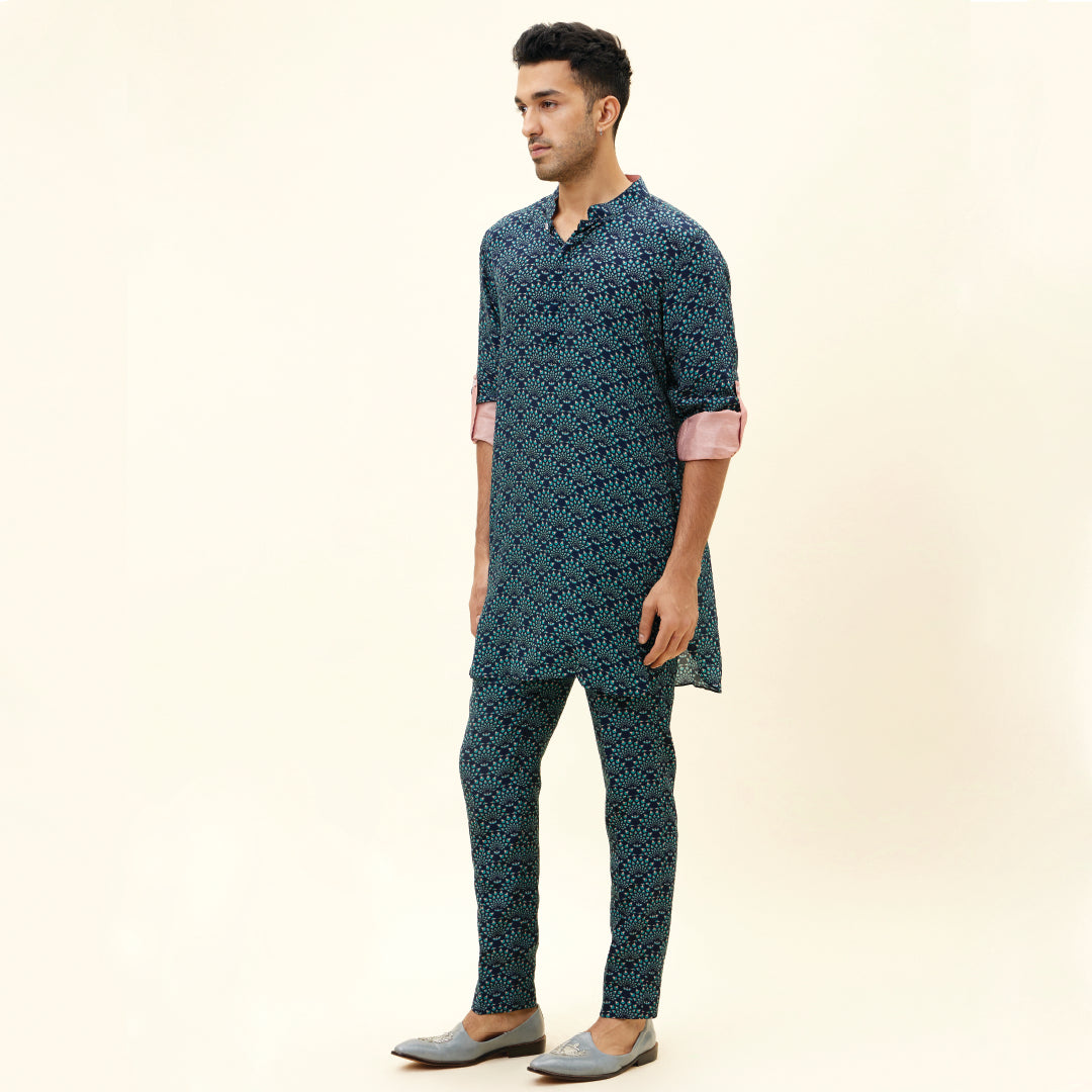 BLUE FEATHER PRINT SHORT SHIRT STYLE KURTA WITH ROLLED UP SLEEVES WITH PANTS