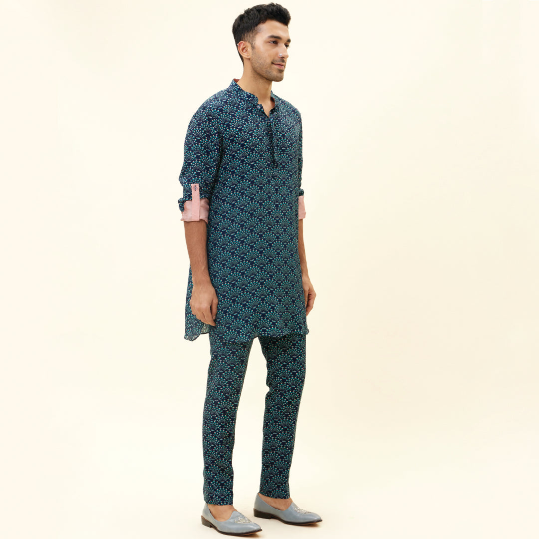 BLUE FEATHER PRINT SHORT SHIRT STYLE KURTA WITH ROLLED UP SLEEVES WITH PANTS