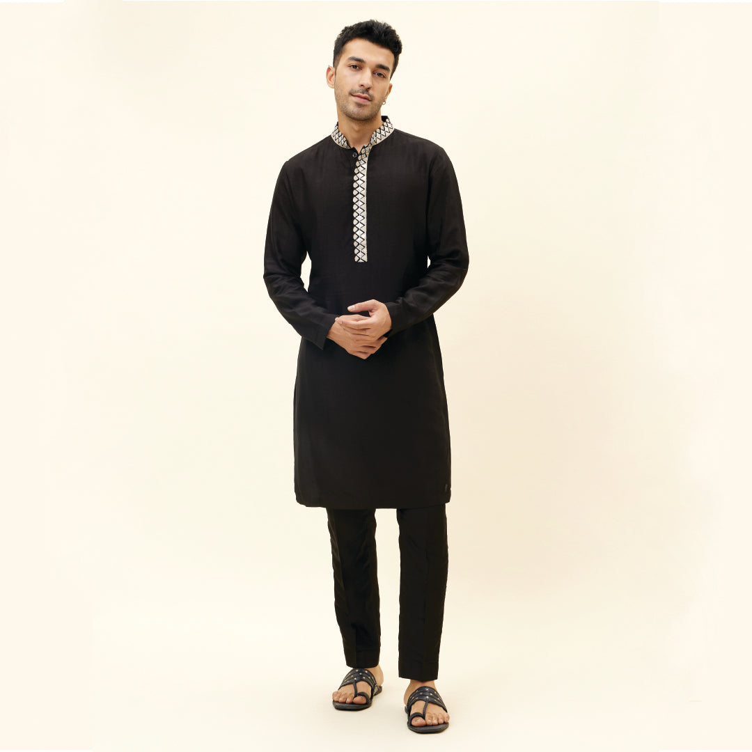 BLACK KURTA WITH EMB ON COLLAR AND KURTA PATTI WITH PANTS