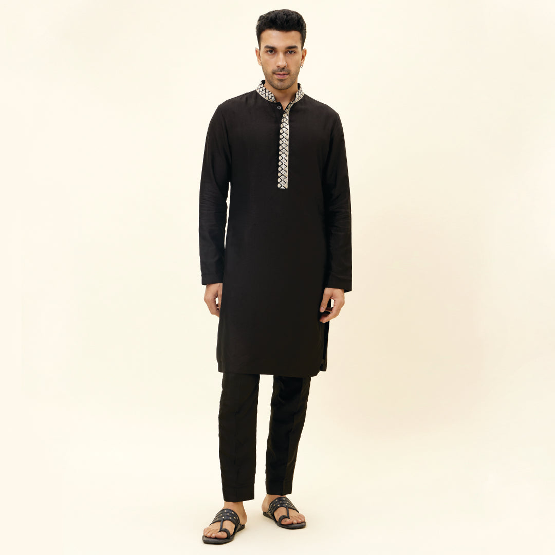 BLACK KURTA WITH EMB ON COLLAR AND KURTA PATTI WITH PANTS