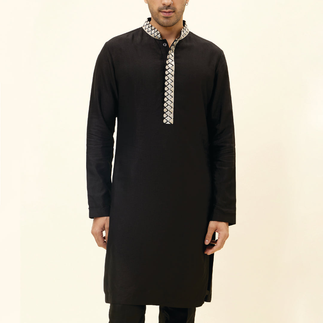 BLACK KURTA WITH EMB ON COLLAR AND KURTA PATTI WITH PANTS