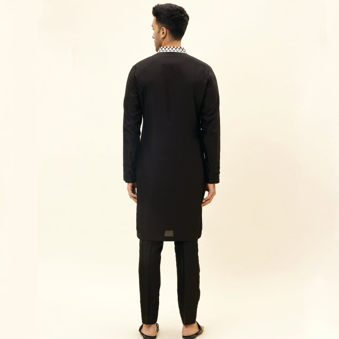 BLACK KURTA WITH EMB ON COLLAR AND KURTA PATTI WITH PANTS