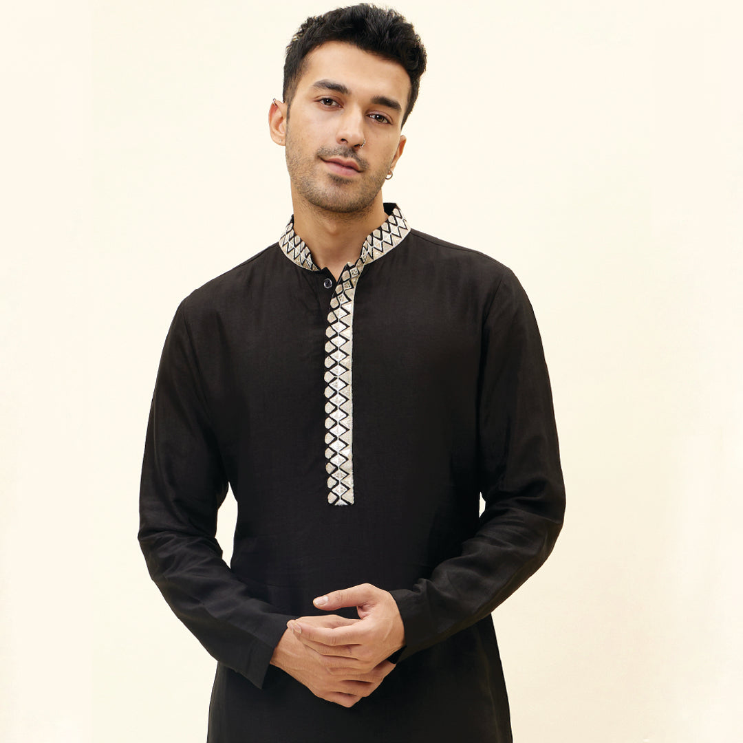 BLACK KURTA WITH EMB ON COLLAR AND KURTA PATTI WITH PANTS