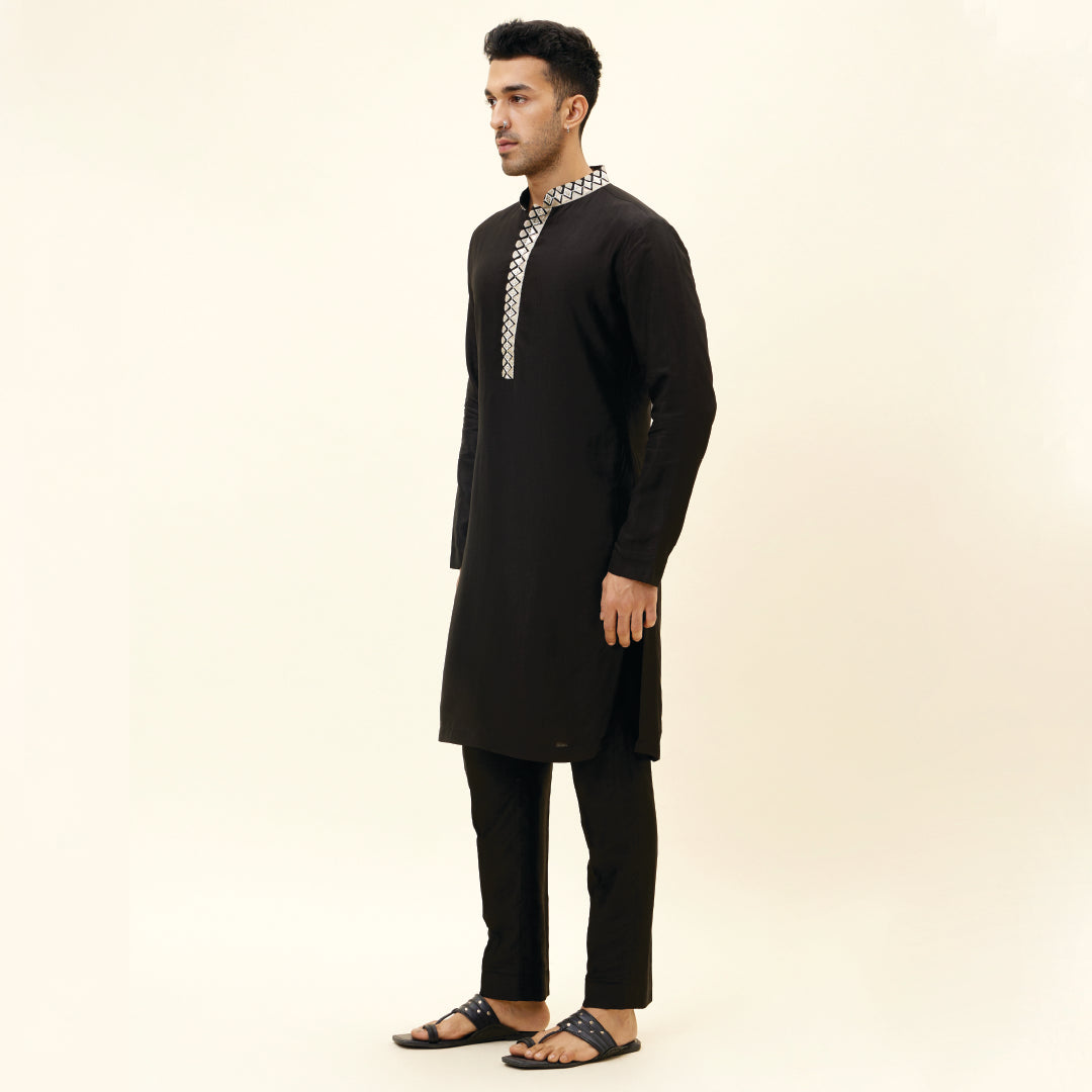 BLACK KURTA WITH EMB ON COLLAR AND KURTA PATTI WITH PANTS