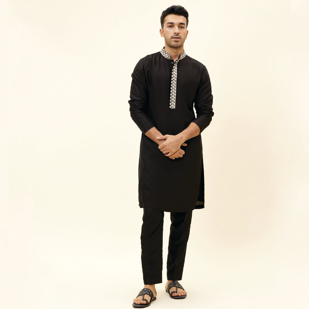 BLACK KURTA WITH EMB ON COLLAR AND KURTA PATTI WITH PANTS