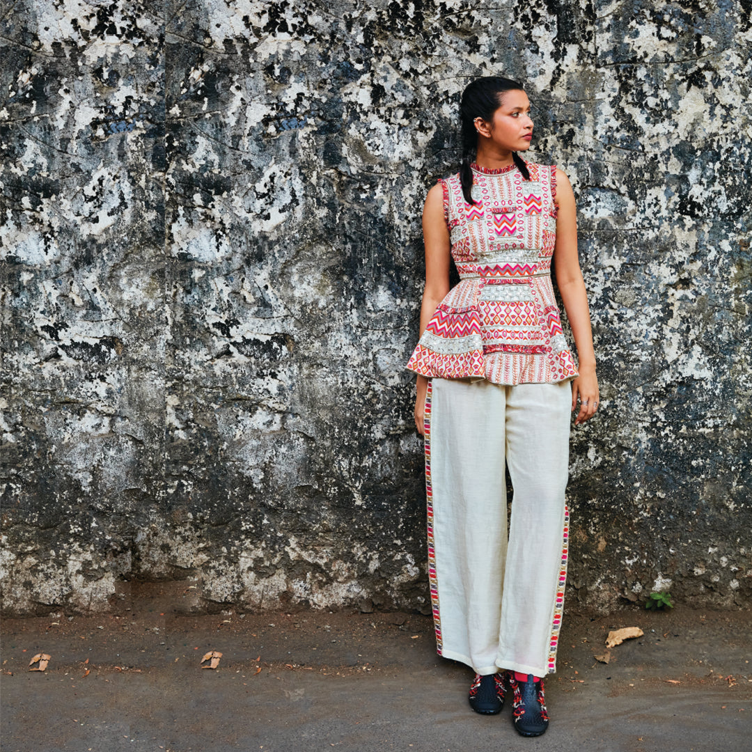 IVORY EMBELLISHED MULTI HUED PEPLUM TEAMED WITH PANTS