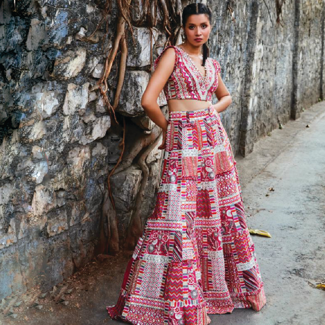 IVORY GEOMETRIC PRINT PATCHWORK LEHENGA